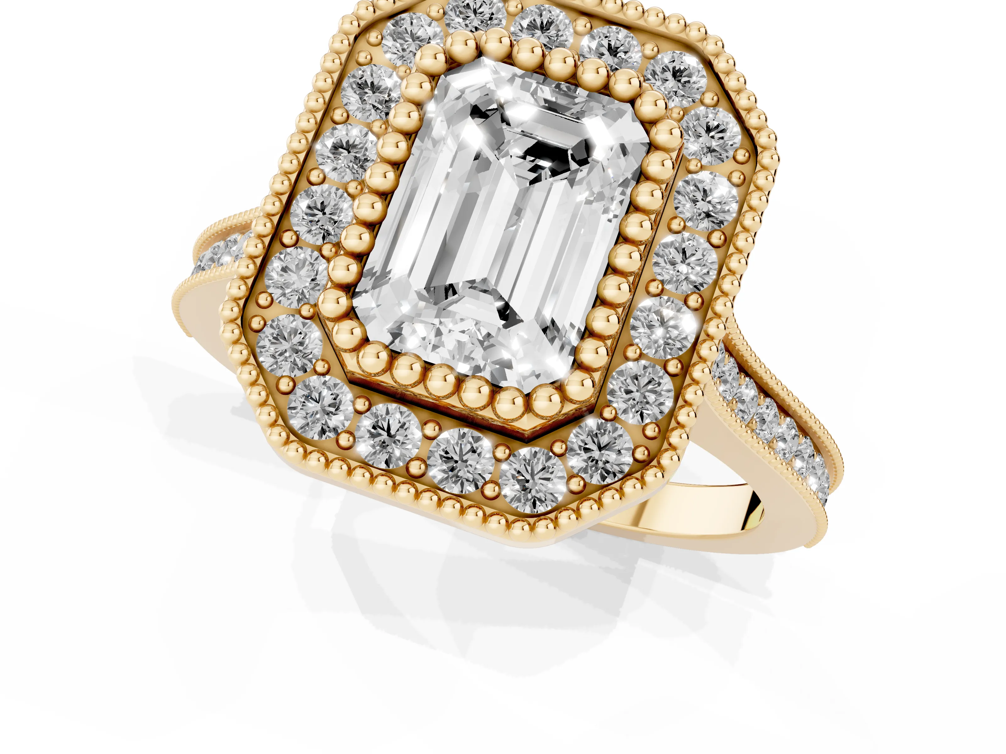 Emerald Cut Diamond Halo Ring Set in Yellow gold with Milgrain Frame and Pavé Band