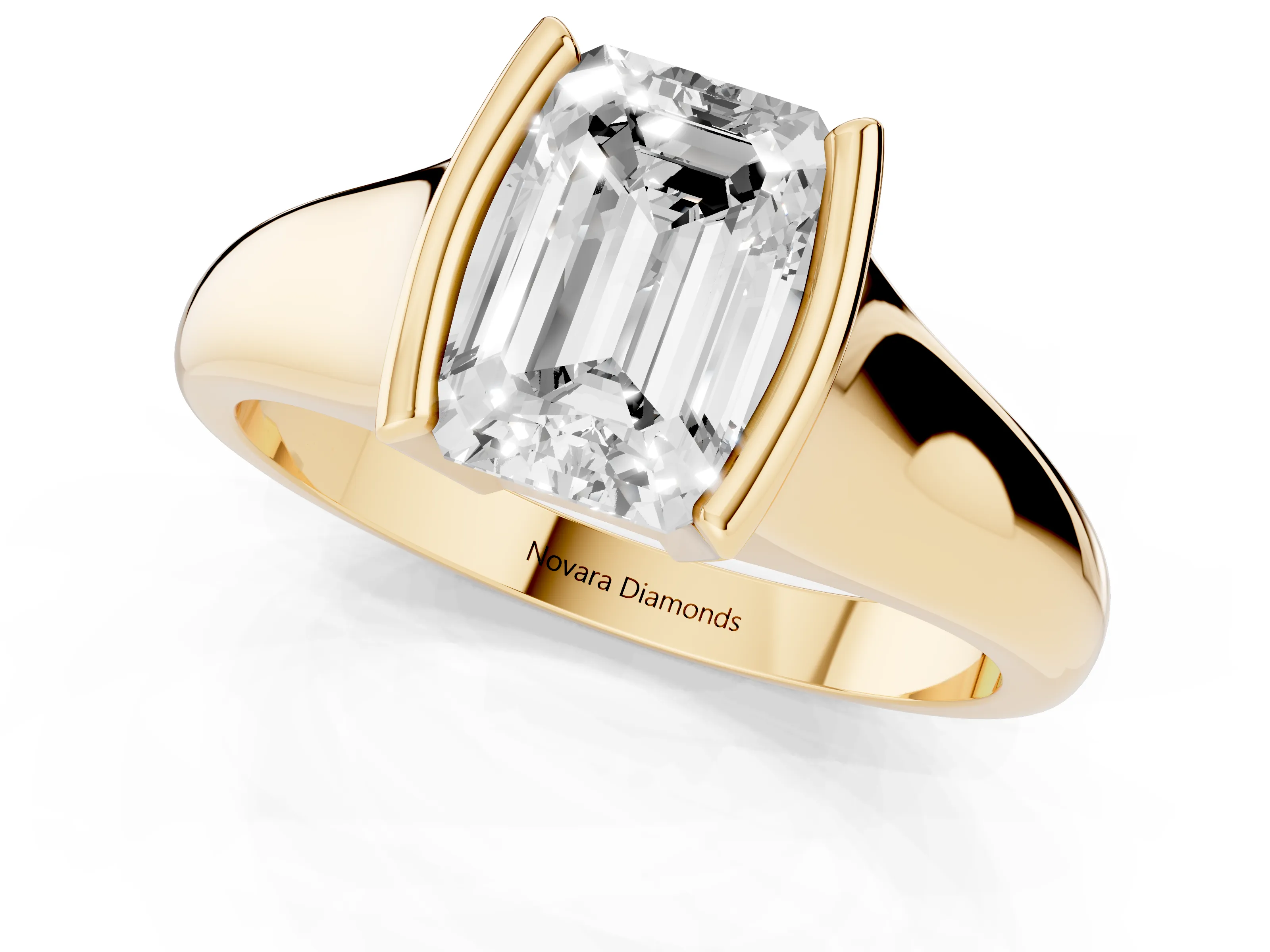 Emerald Cut Diamond Solitaire Tension Set Ring Set in Yellow gold with Split Shank Band