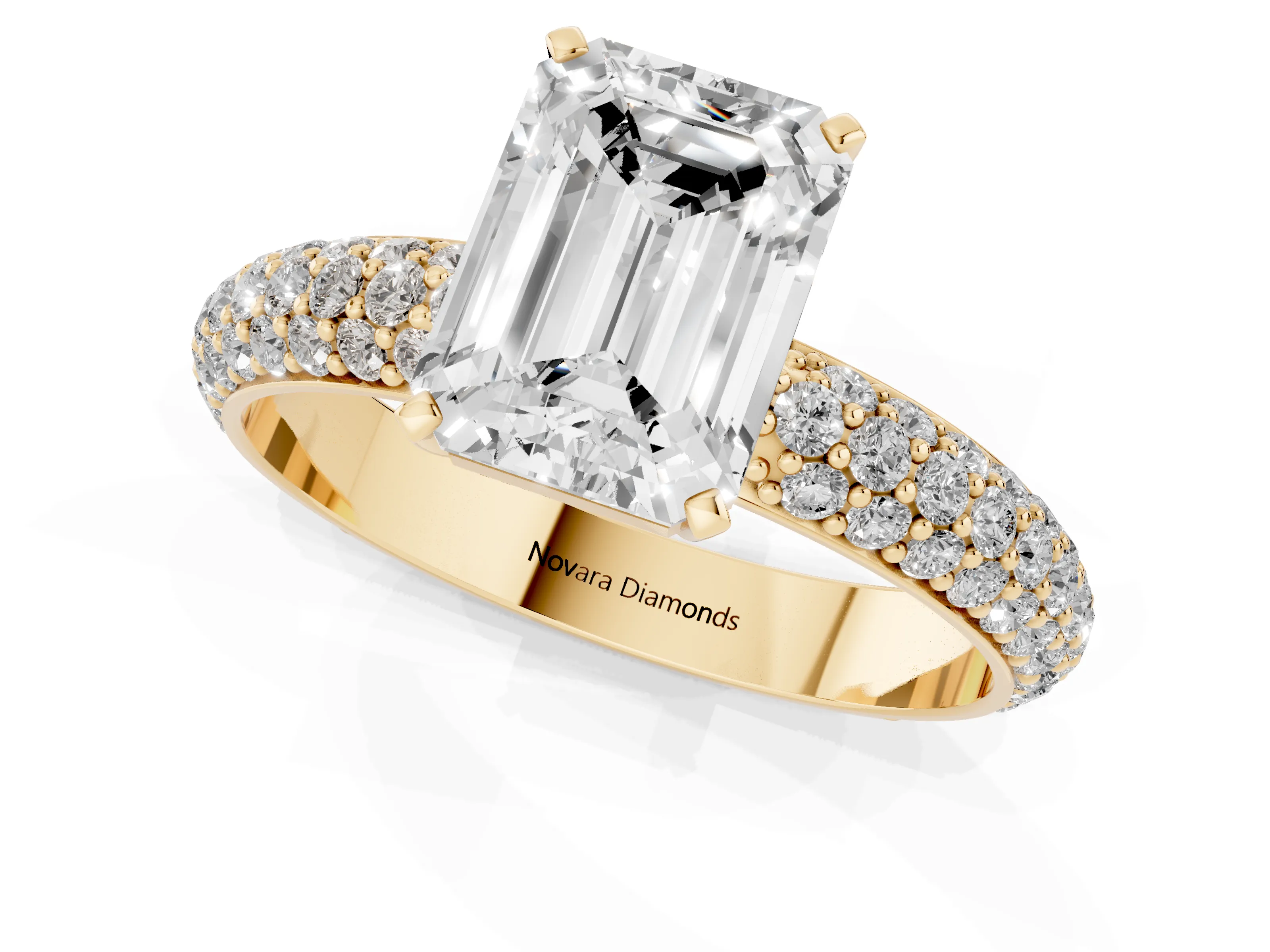 Emerald Cut Diamond Solitaire Ring Set in Yellow gold with Prong Setting and Pavé-Set Band