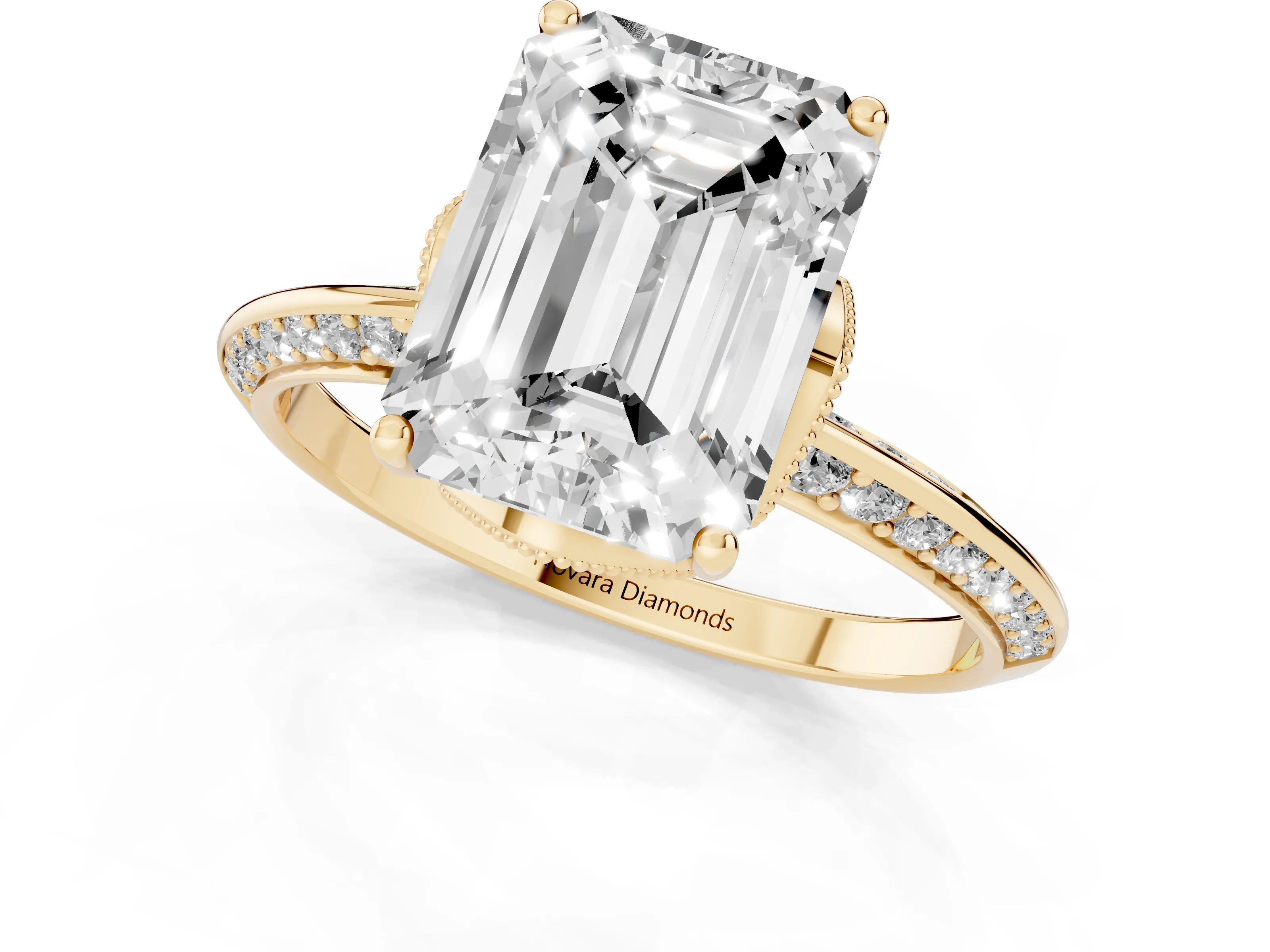 Emerald Cut Diamond Solitaire Engagement Ring Set in Yellow gold with Pavé Split Shank and Prong Setting
