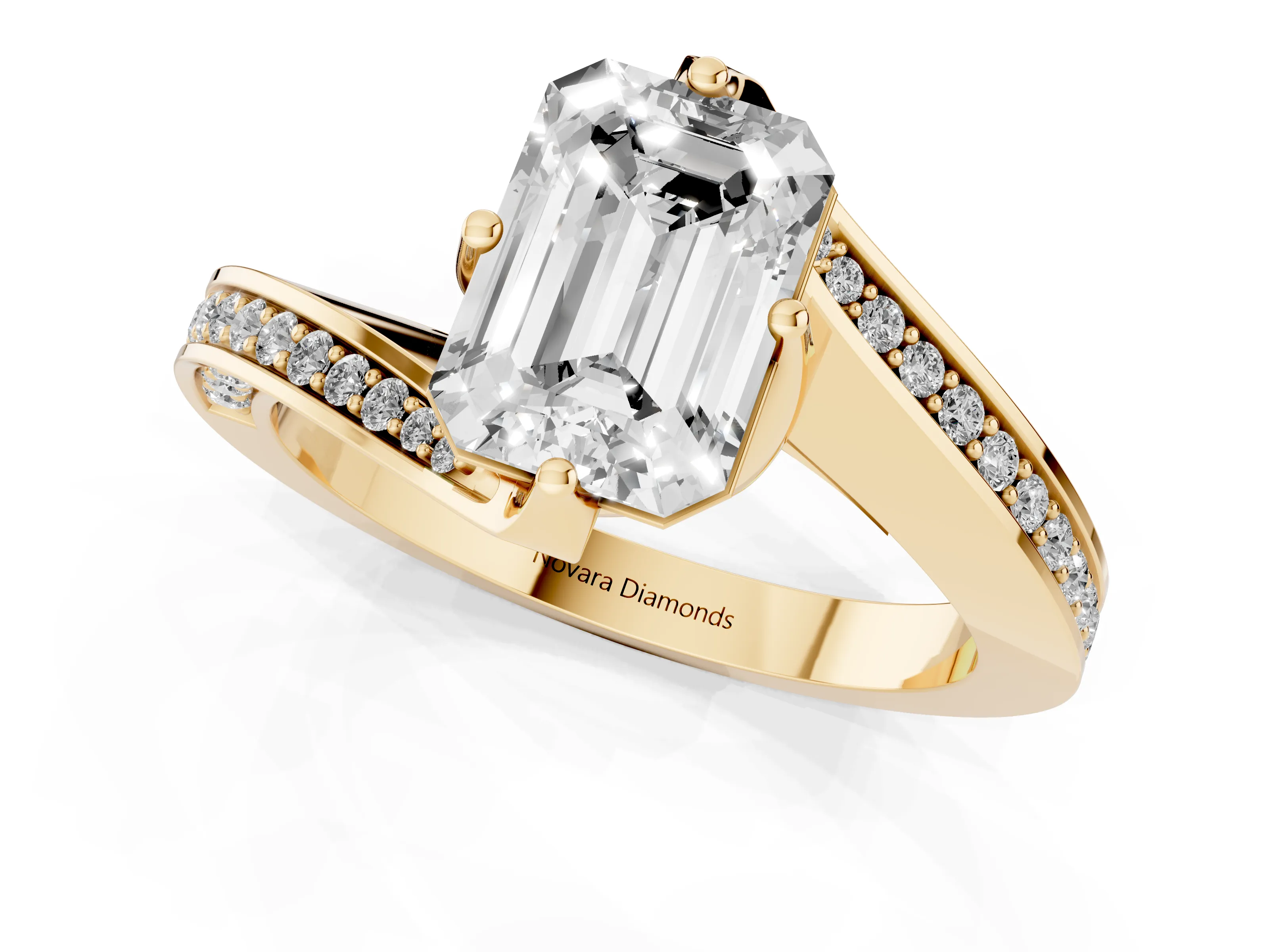 Emerald Cut Diamond Solitaire Ring Set in Yellow gold with Intertwined Pavé Twist Band