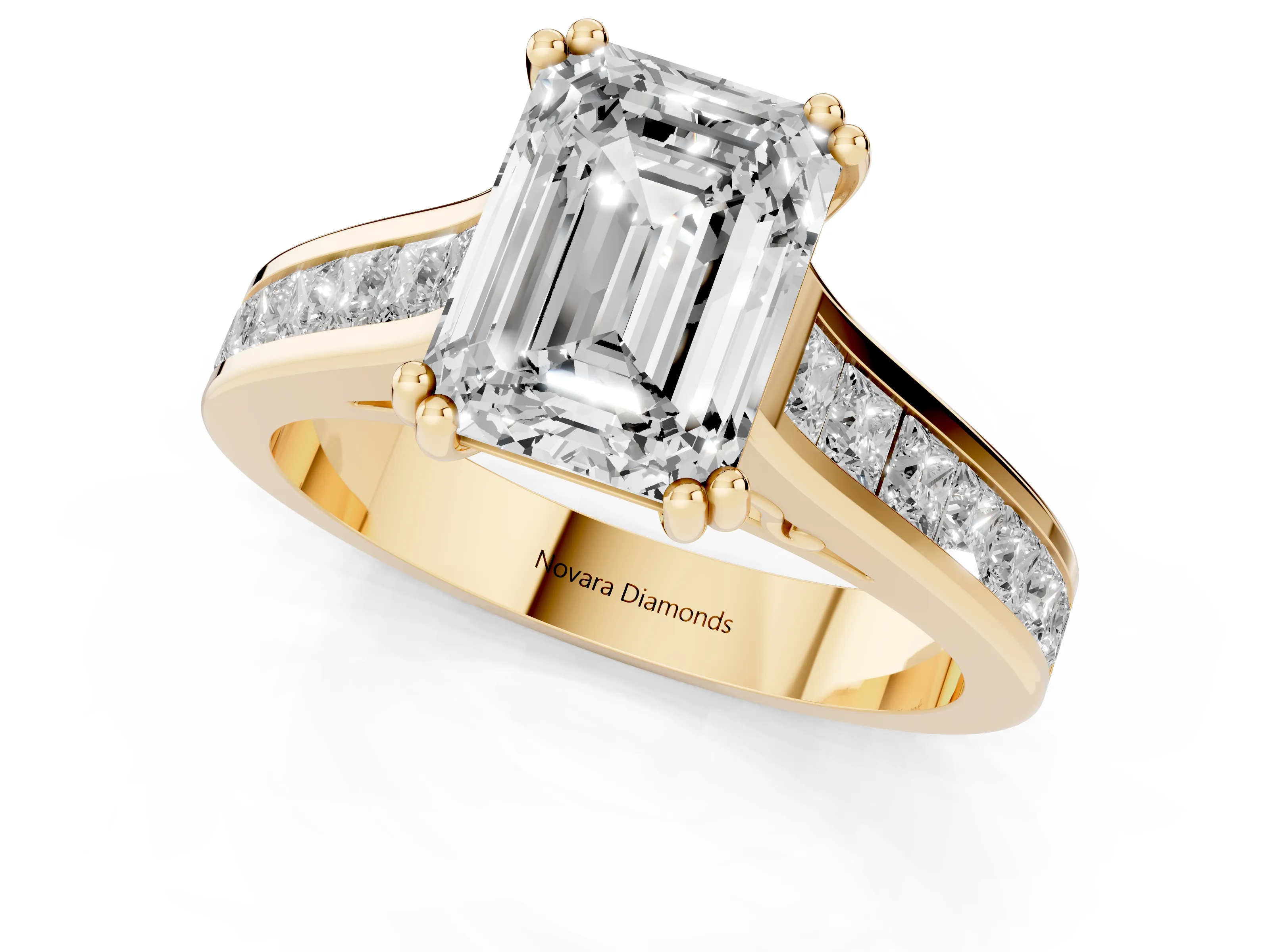 Emerald Cut Diamond Channel Set Solitaire Engagement Ring Set in Yellow gold with Prong Setting
