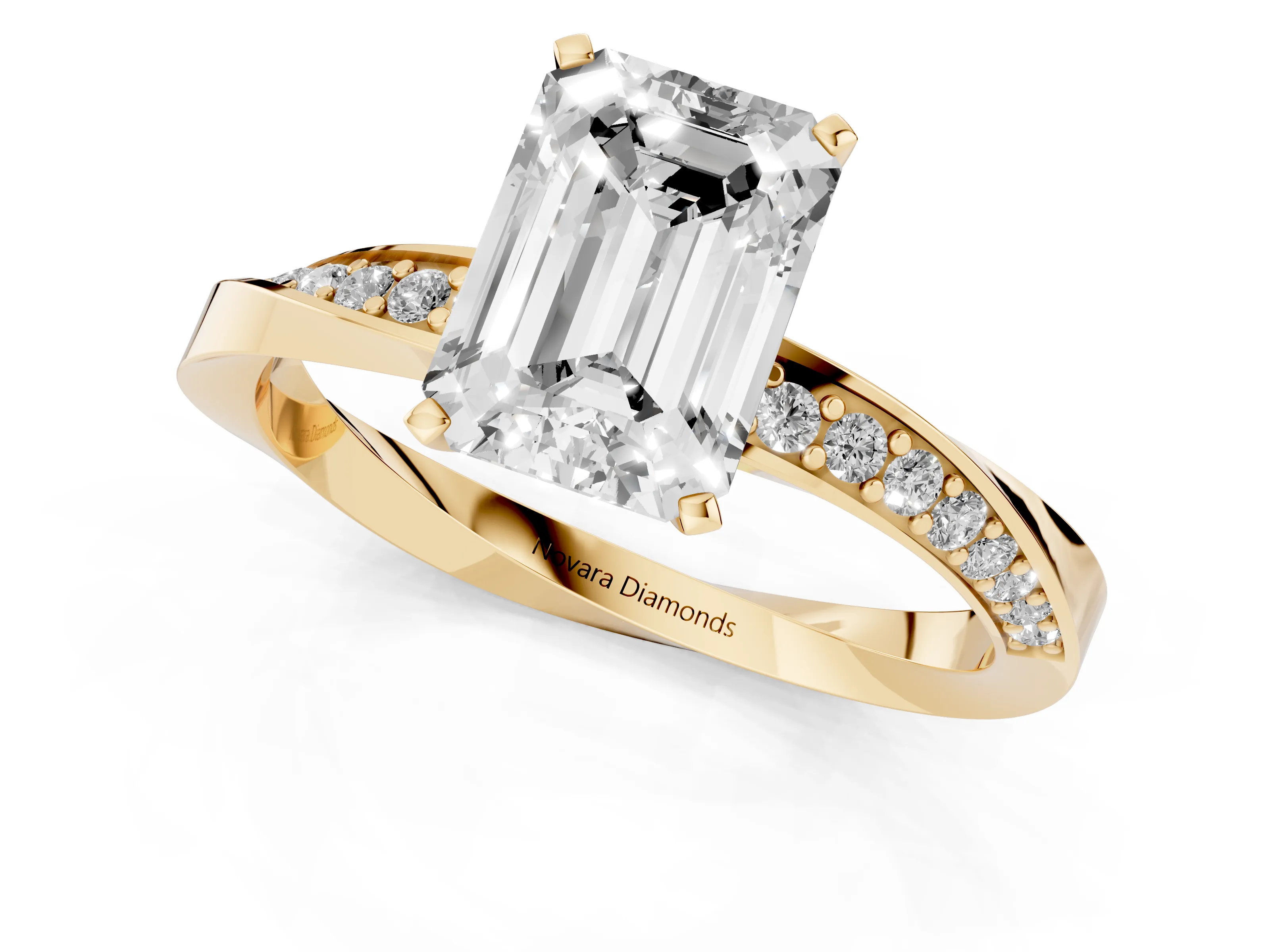Emerald Cut Diamond Engagement Ring Set in Yellow gold with Side Stone Accents and Prong Setting