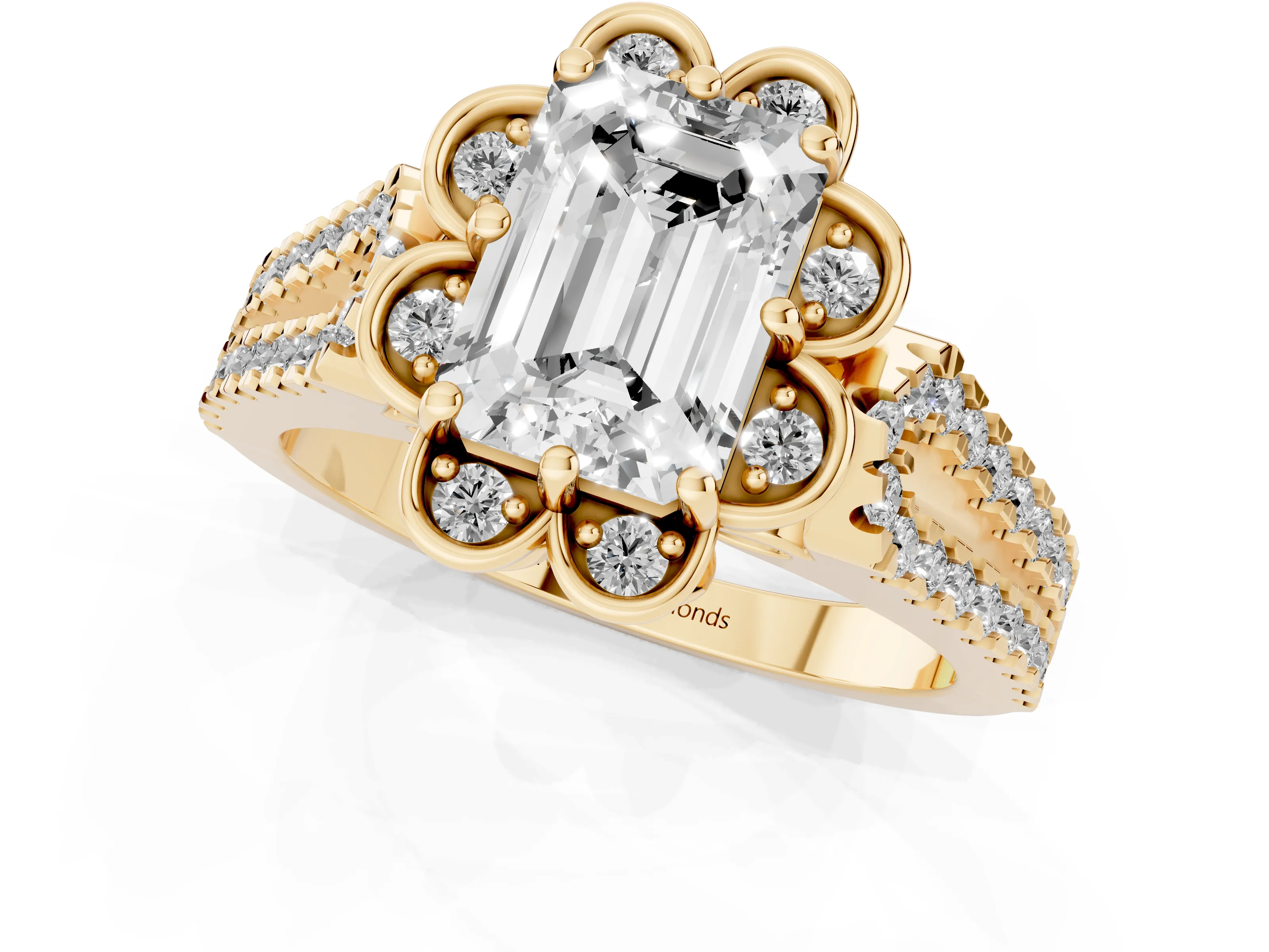 Emerald Cut Diamond Floral Halo Split Shank Engagement Ring Set in Yellow gold with Pavé Shank – second view