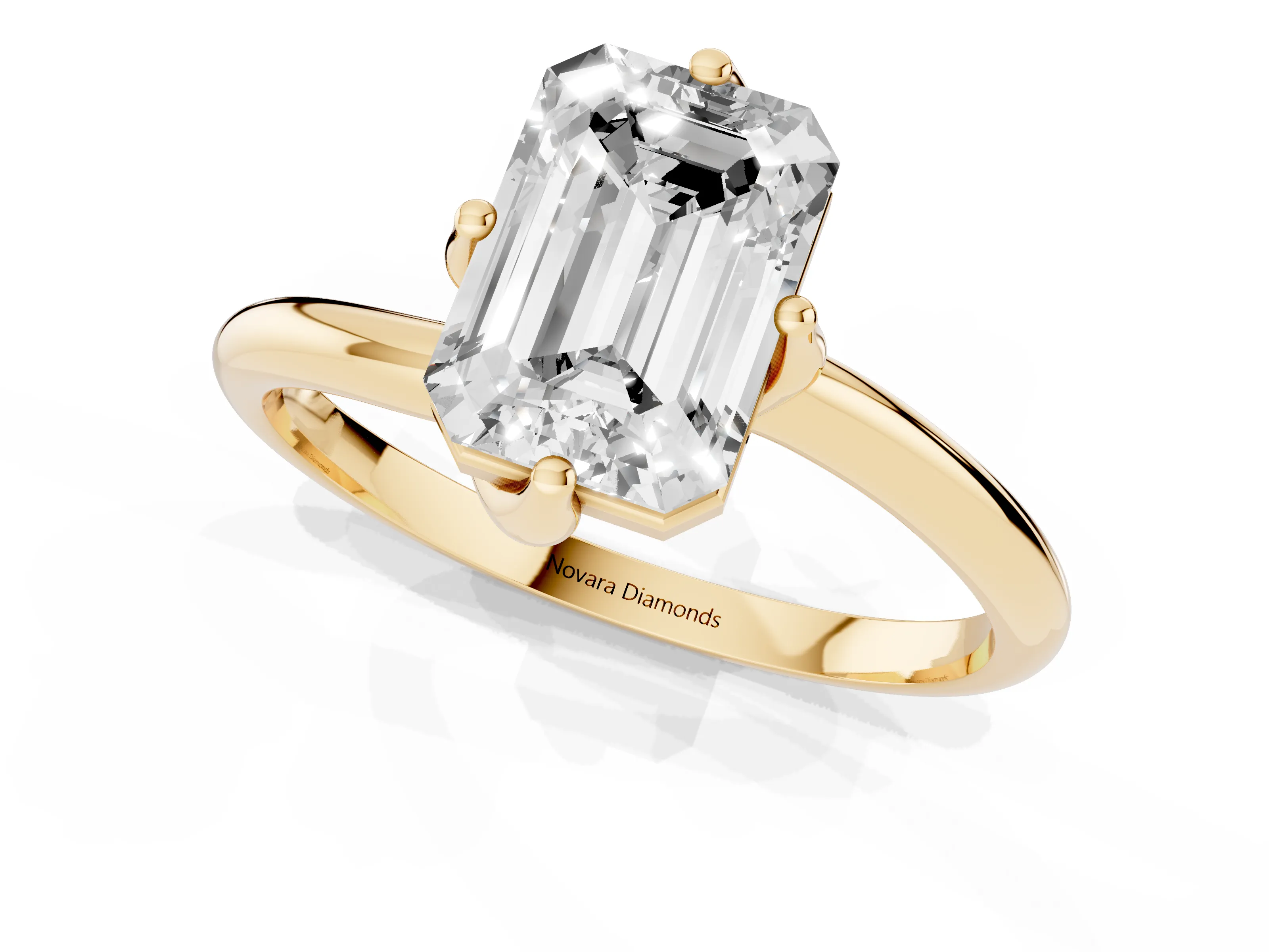 Emerald Cut Diamond Solitaire Engagement Ring Set in Yellow gold with Classic Plain Band