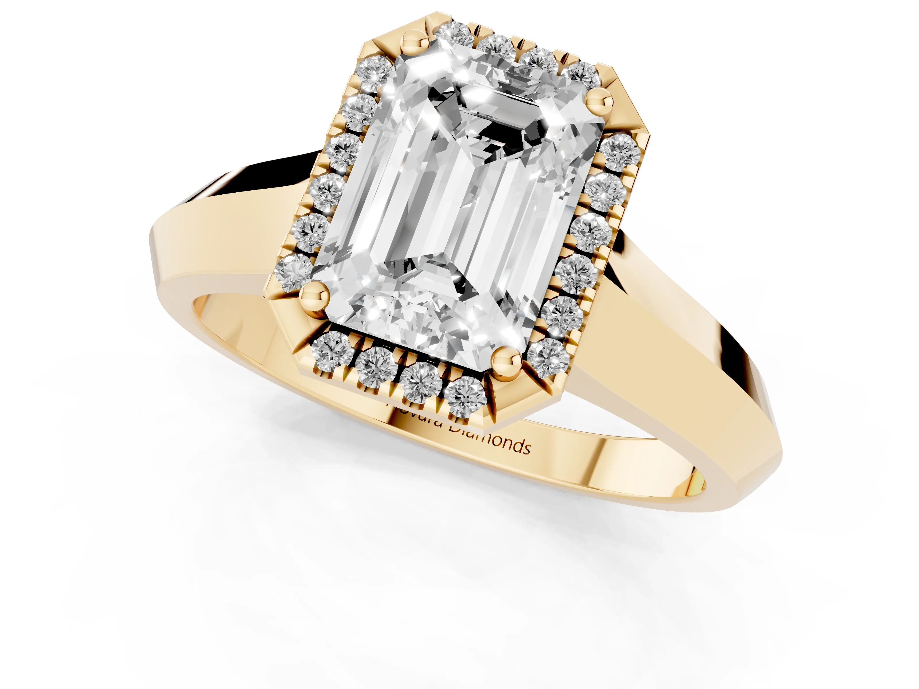 Emerald Cut Diamond Halo Ring Set in Yellow gold with Cathedral Band and Prong Setting