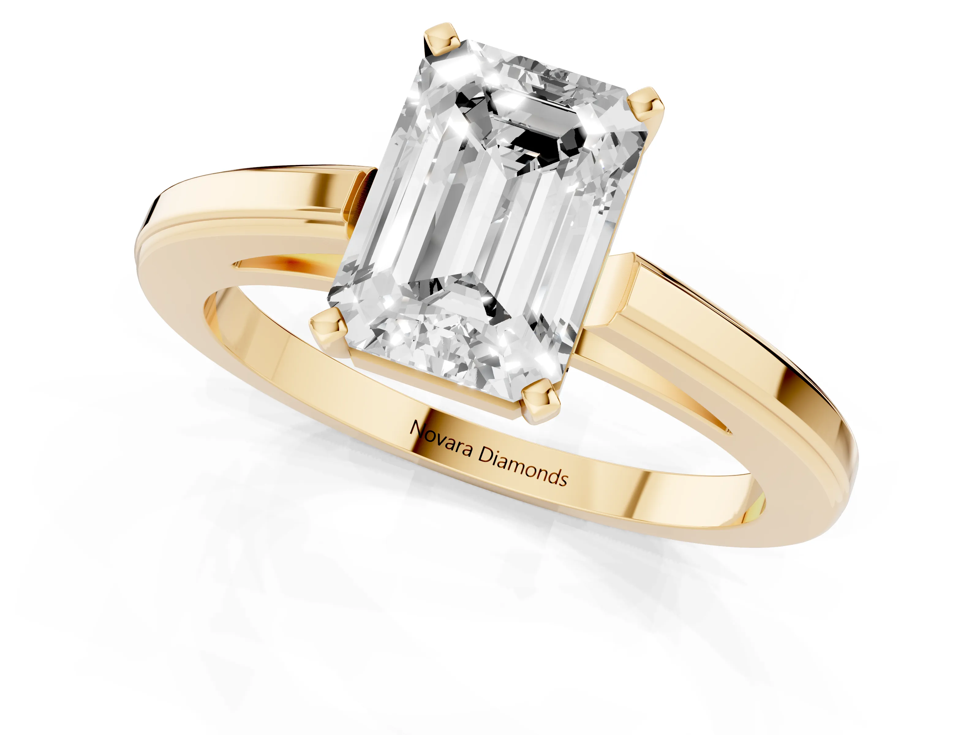Emerald Cut Diamond Solitaire Ring Set in Yellow gold with Prong Setting and Classic Band