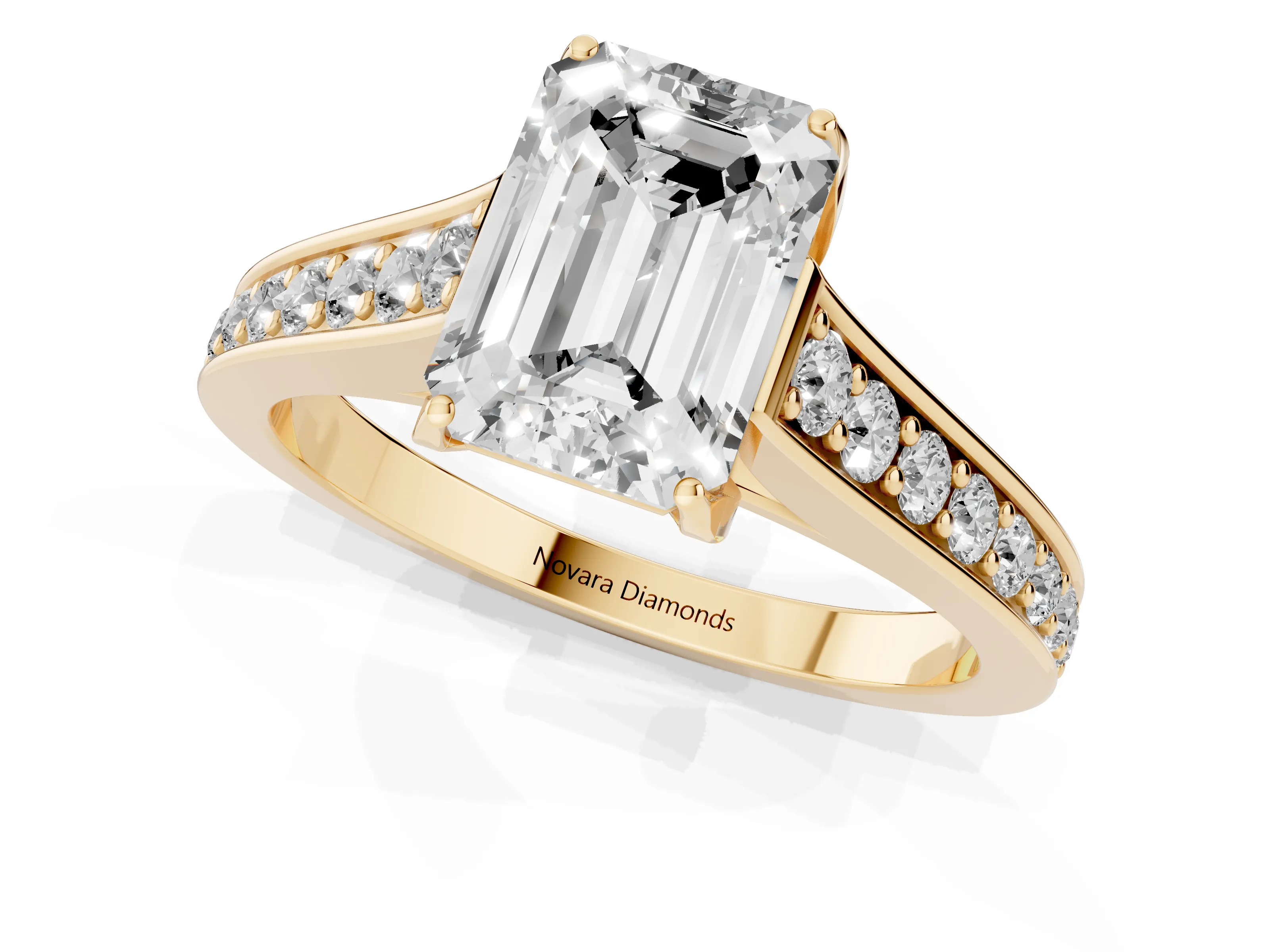 Emerald Cut Diamond Solitaire Pavé Engagement Ring Set in Yellow gold with Prong Setting