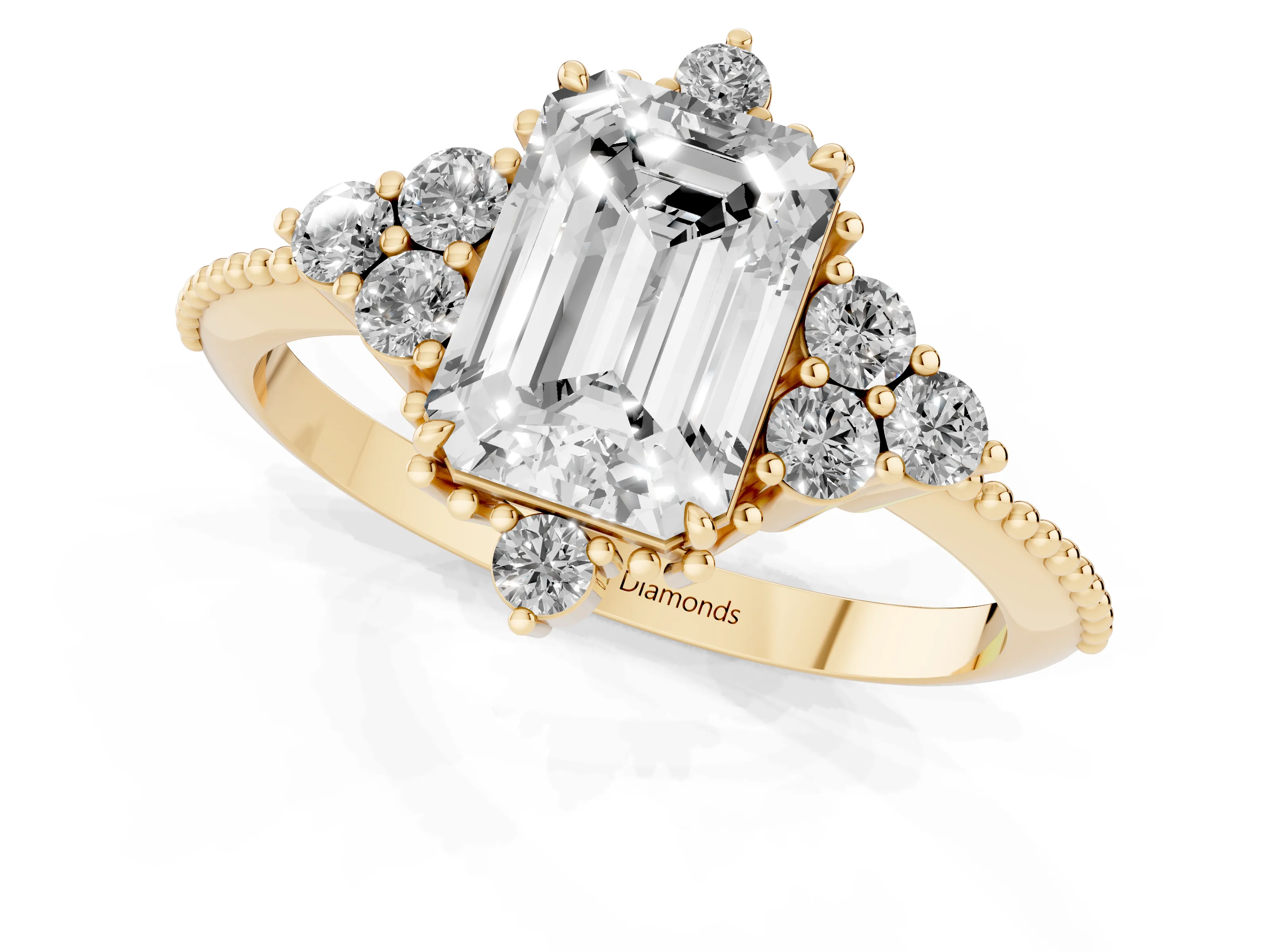 Emerald Cut Diamond Cluster Ring Set in Yellow gold with Beaded Band