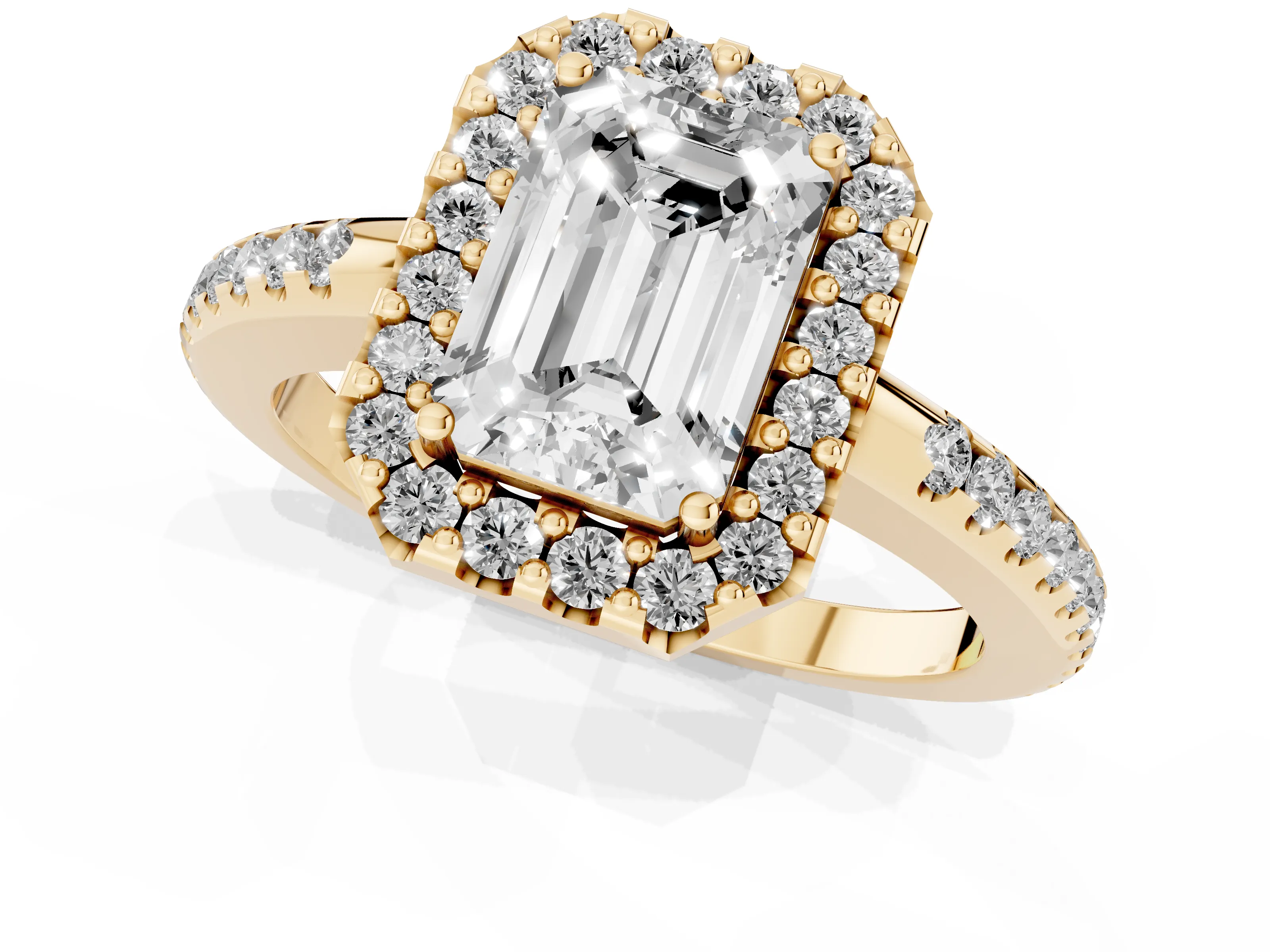 Emerald Cut Diamond Pavé Halo Ring Set in Yellow gold with Prong Setting