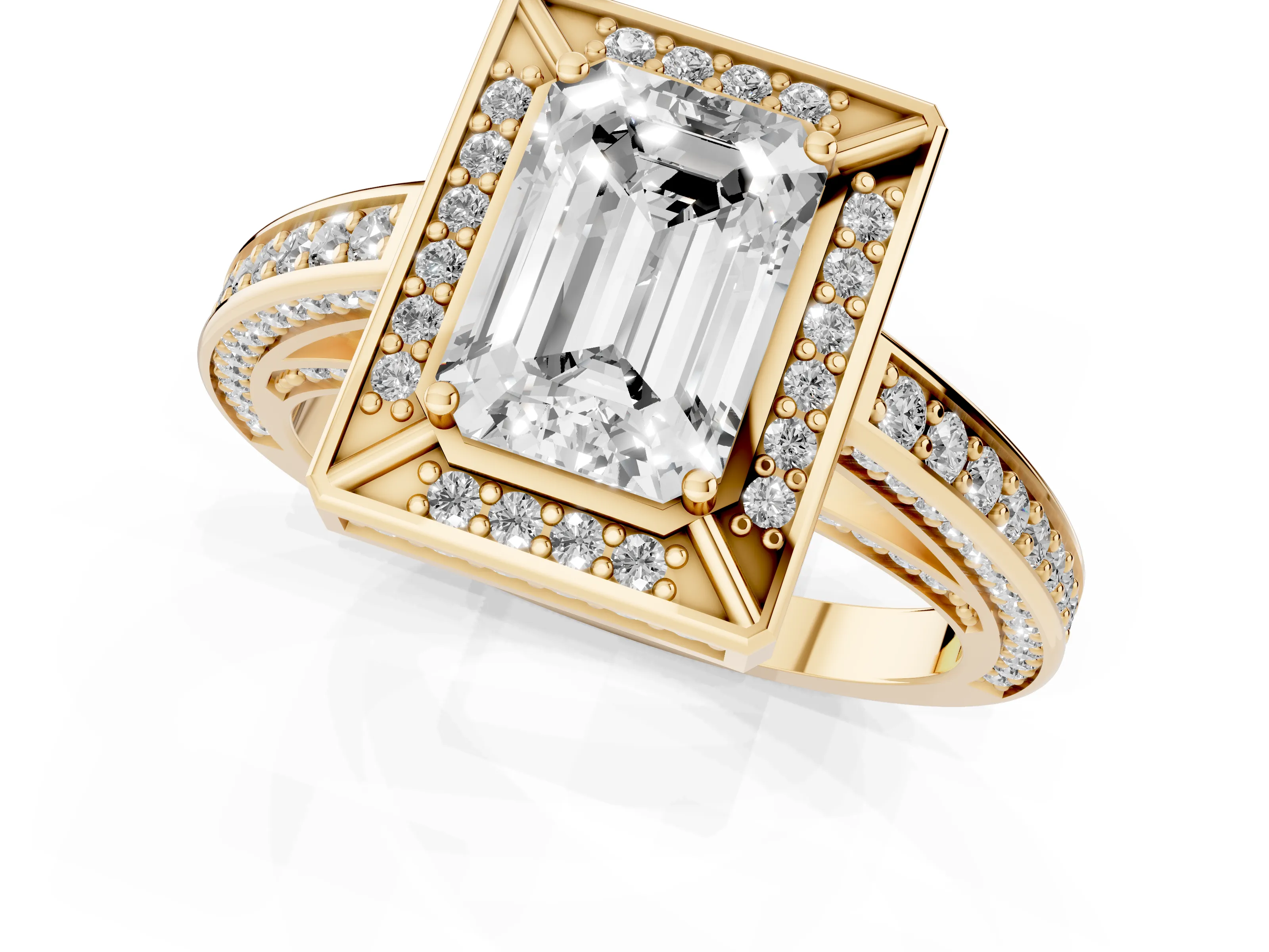 Emerald Cut Diamond Halo Pavé Split Shank Ring Set in Yellow gold with Prong Setting