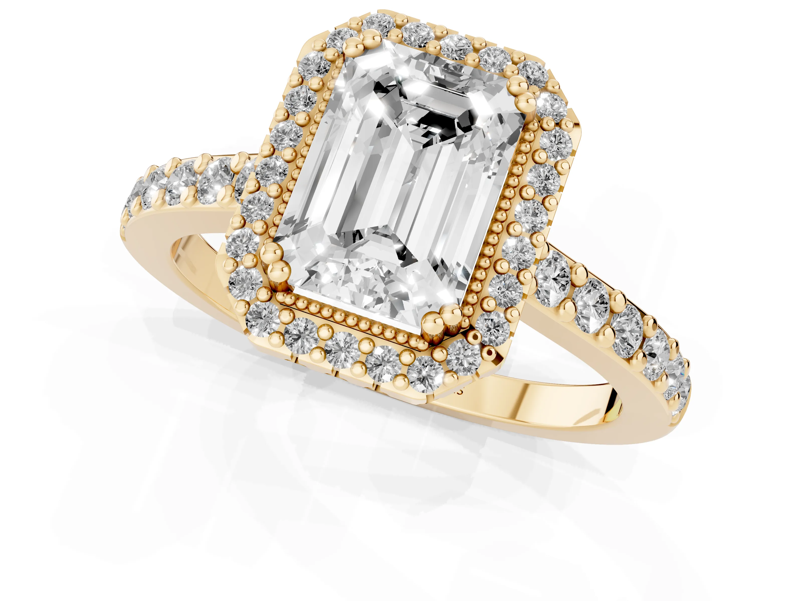Emerald Cut Diamond Halo Engagement Ring Set in Yellow gold with Milgrain Detail and Pavé Band