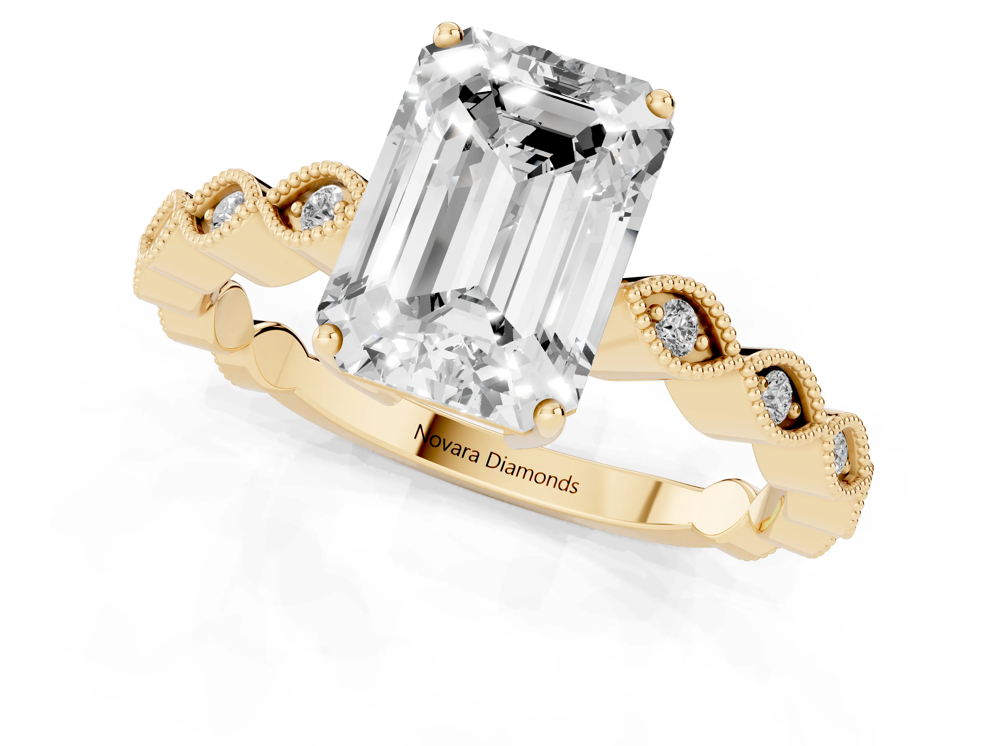 Emerald Cut Diamond Solitaire Ring Set in Yellow gold with Infinity Twist Pavé Band