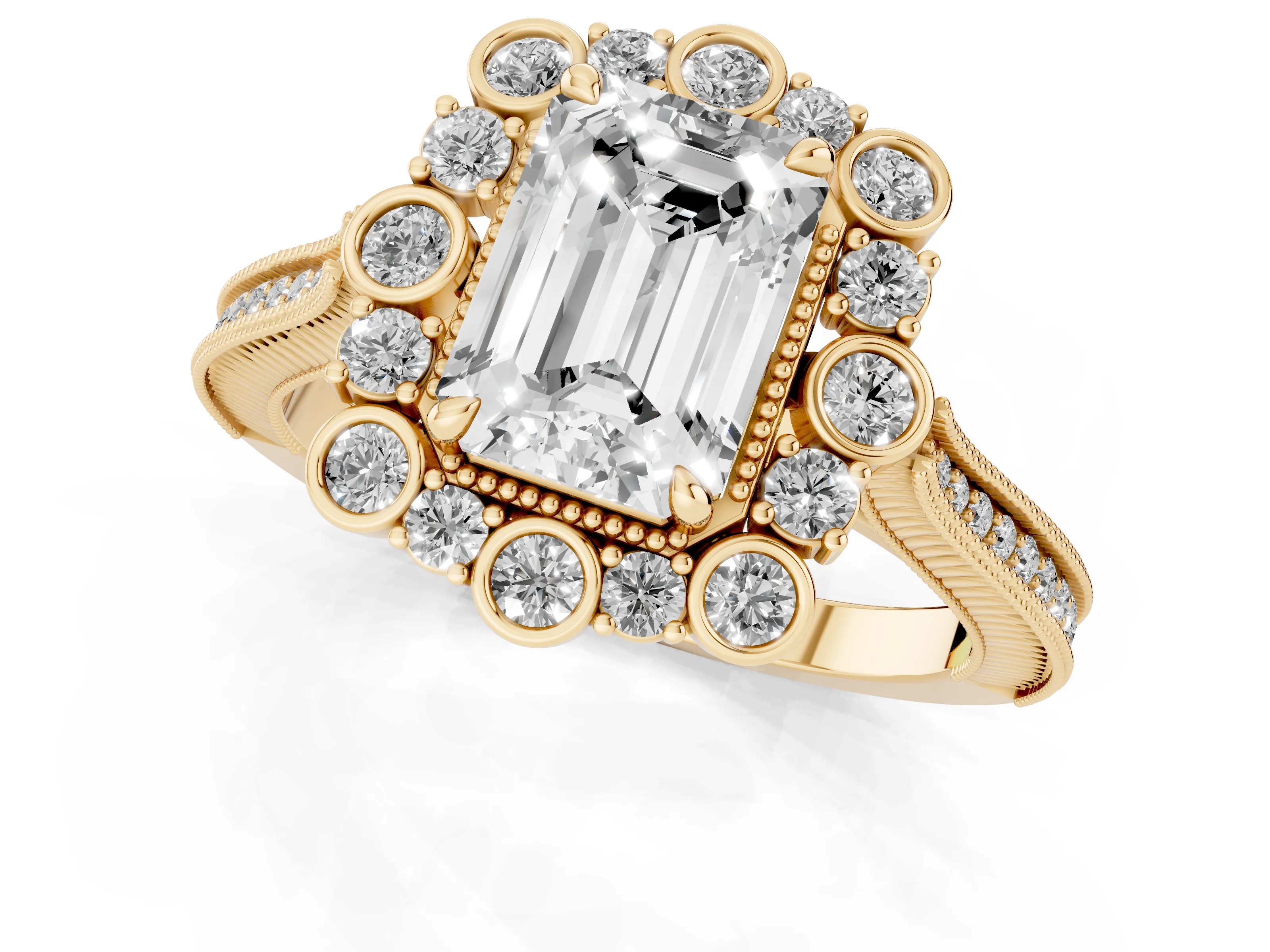 Emerald Cut Diamond Halo Milgrain Pavé Ring Set in Yellow gold with Prong Setting