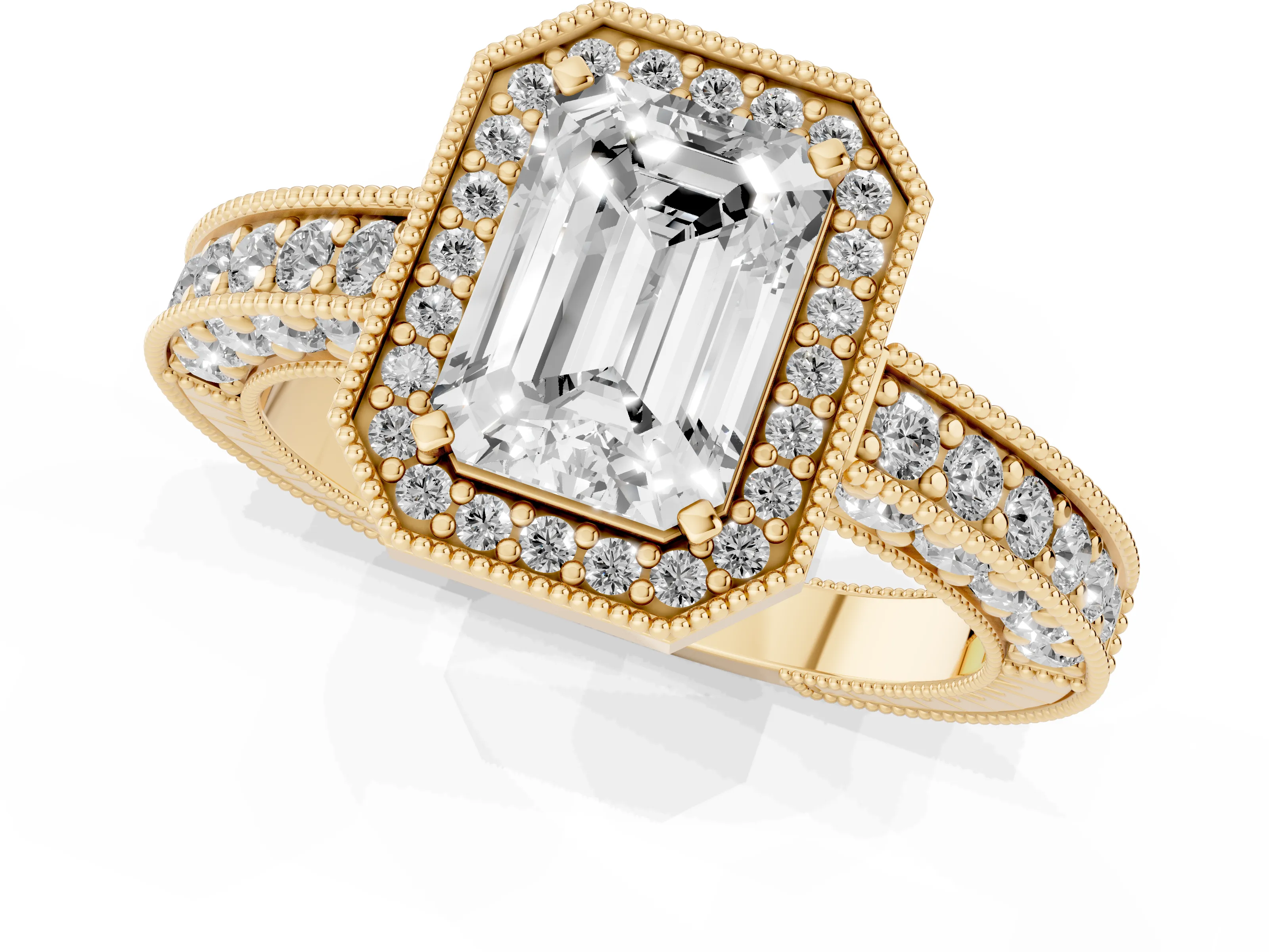Emerald Cut Diamond Halo Pavé Band Ring Set in Yellow gold with Prong-Set Center