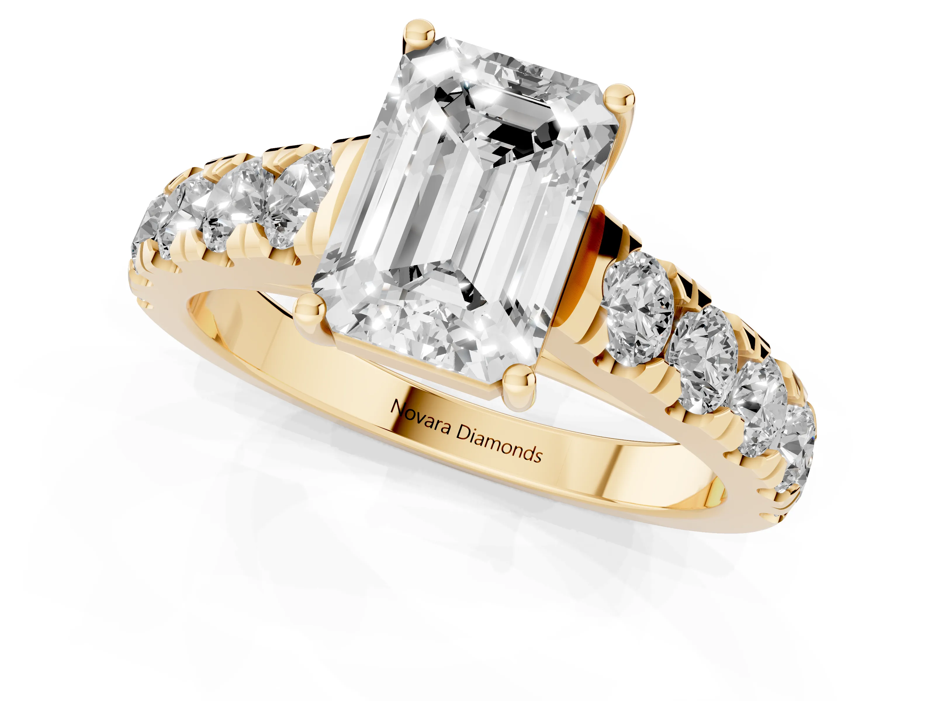 Emerald Cut Diamond Solitaire Ring Set in Yellow gold with Cut-Down Micro Pavé Band and Prong Setting