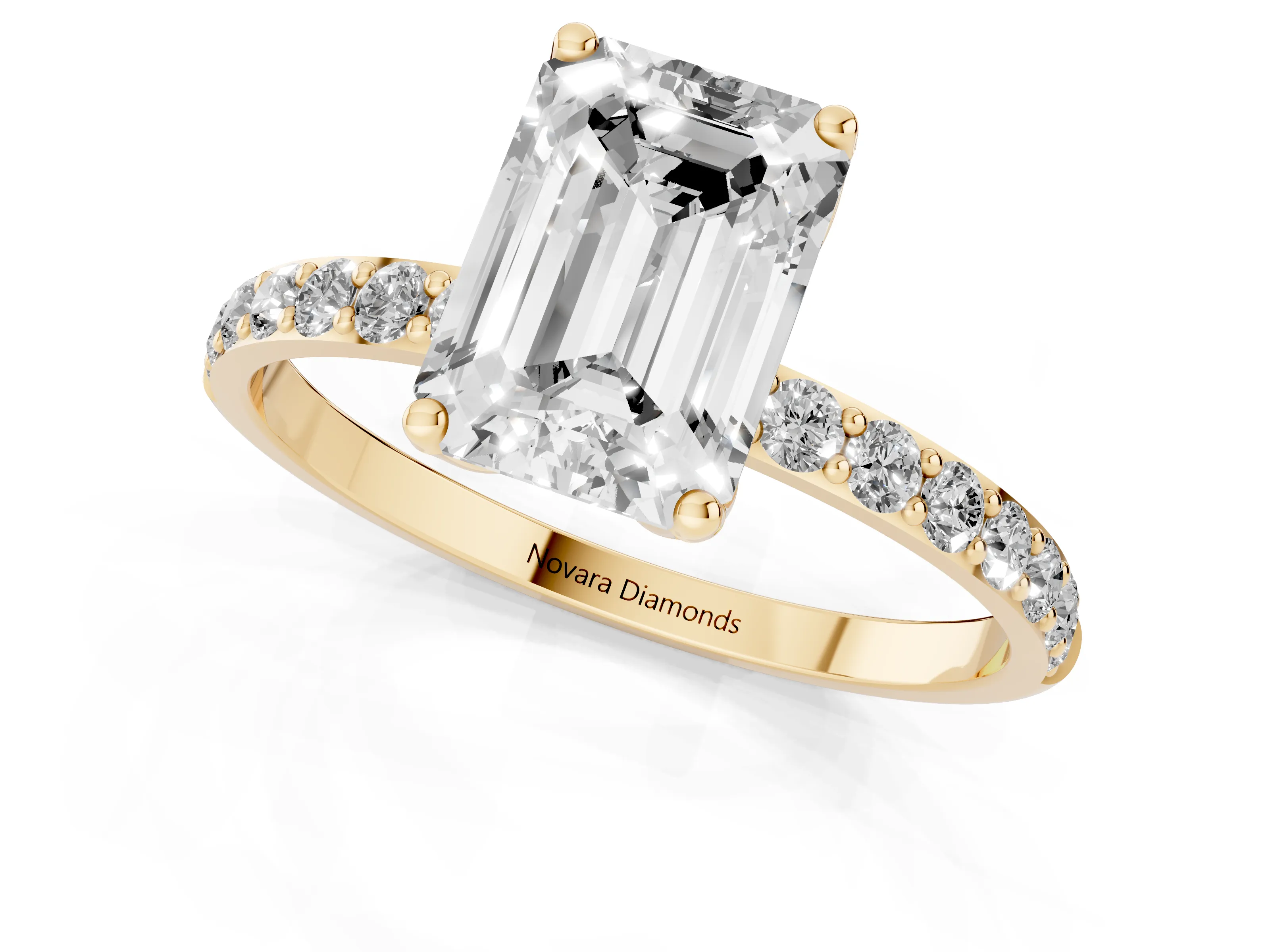 Emerald Cut Diamond Solitaire Engagement Ring Set in Yellow gold with Round Pavé Band and Prong Setting
