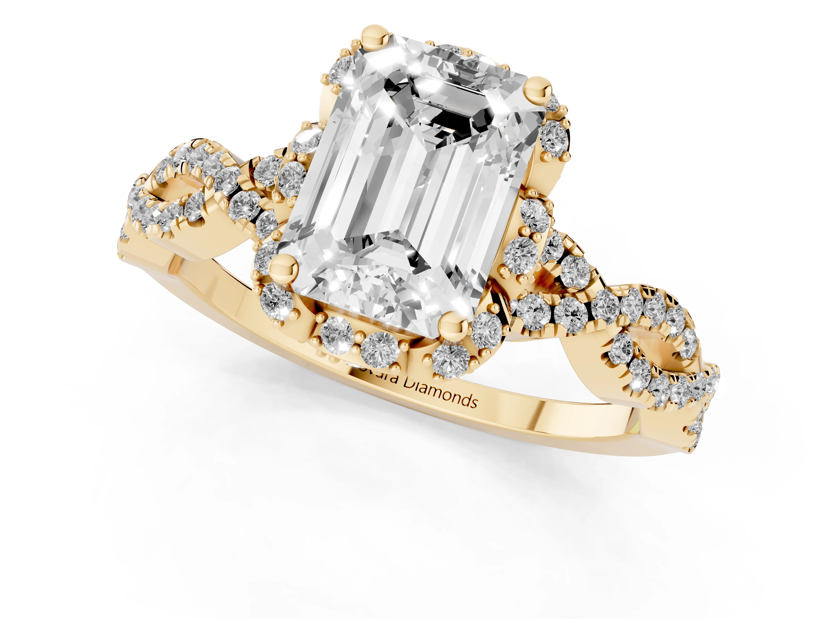 Emerald Cut Diamond Halo Twist Band Solitaire Ring Set in Yellow gold with Prong-Set Center Stone – second view