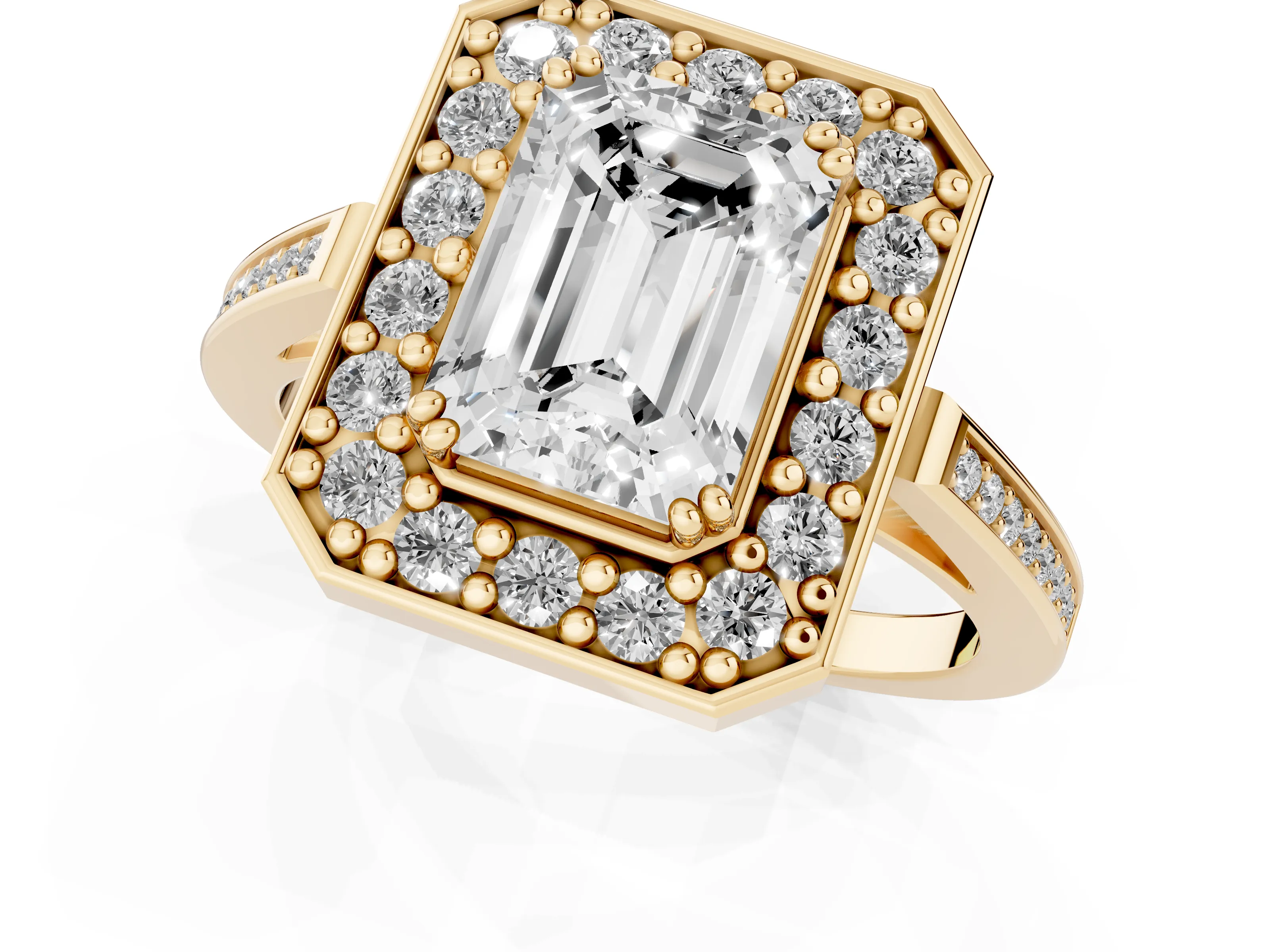 Emerald Cut Diamond Halo Ring Set in Yellow gold with Accent-Lined Split Shank and Prong Setting