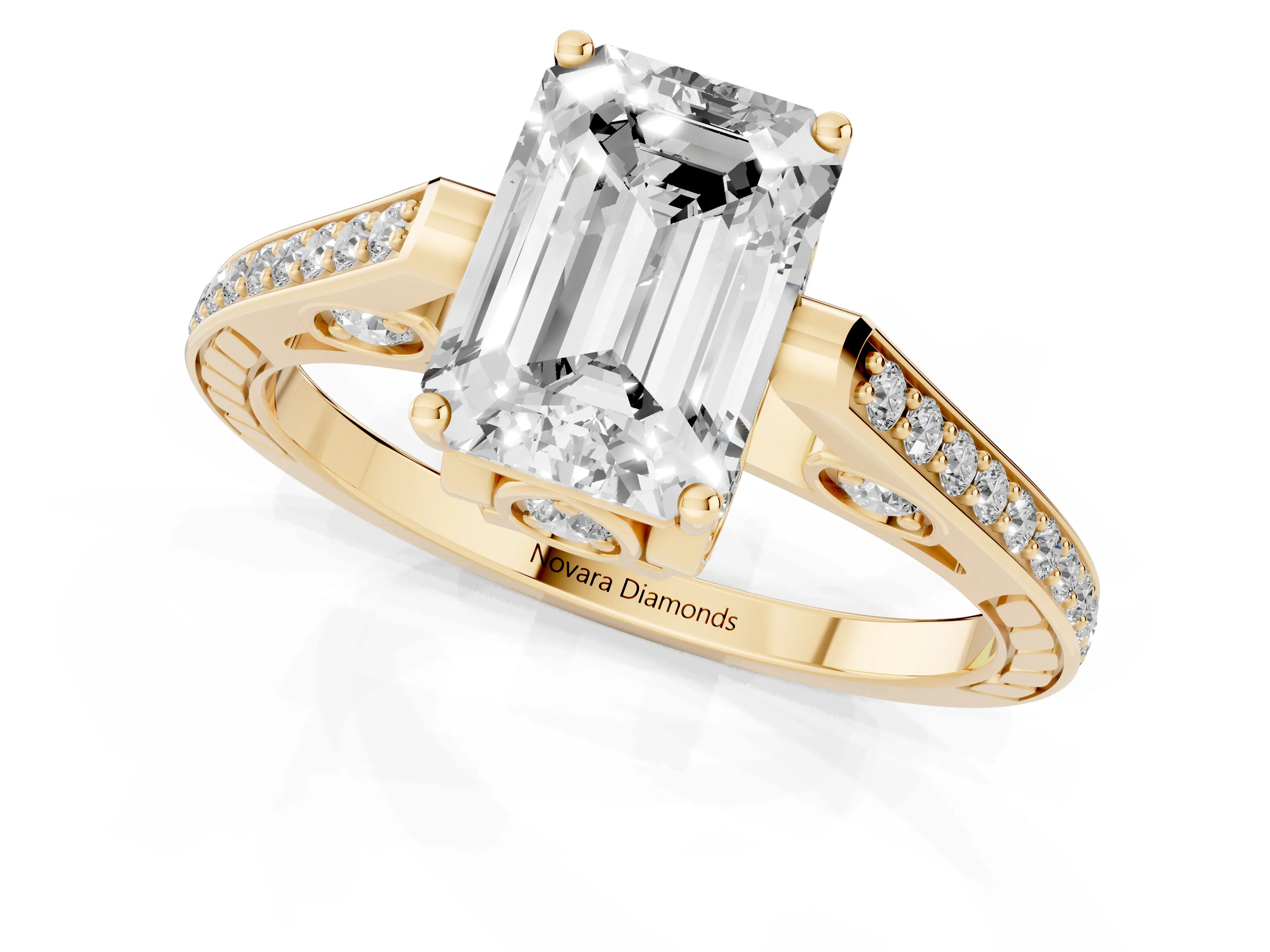 Emerald Cut Diamond Cathedral Pavé Engagement Ring Set in Yellow gold with Prong Setting