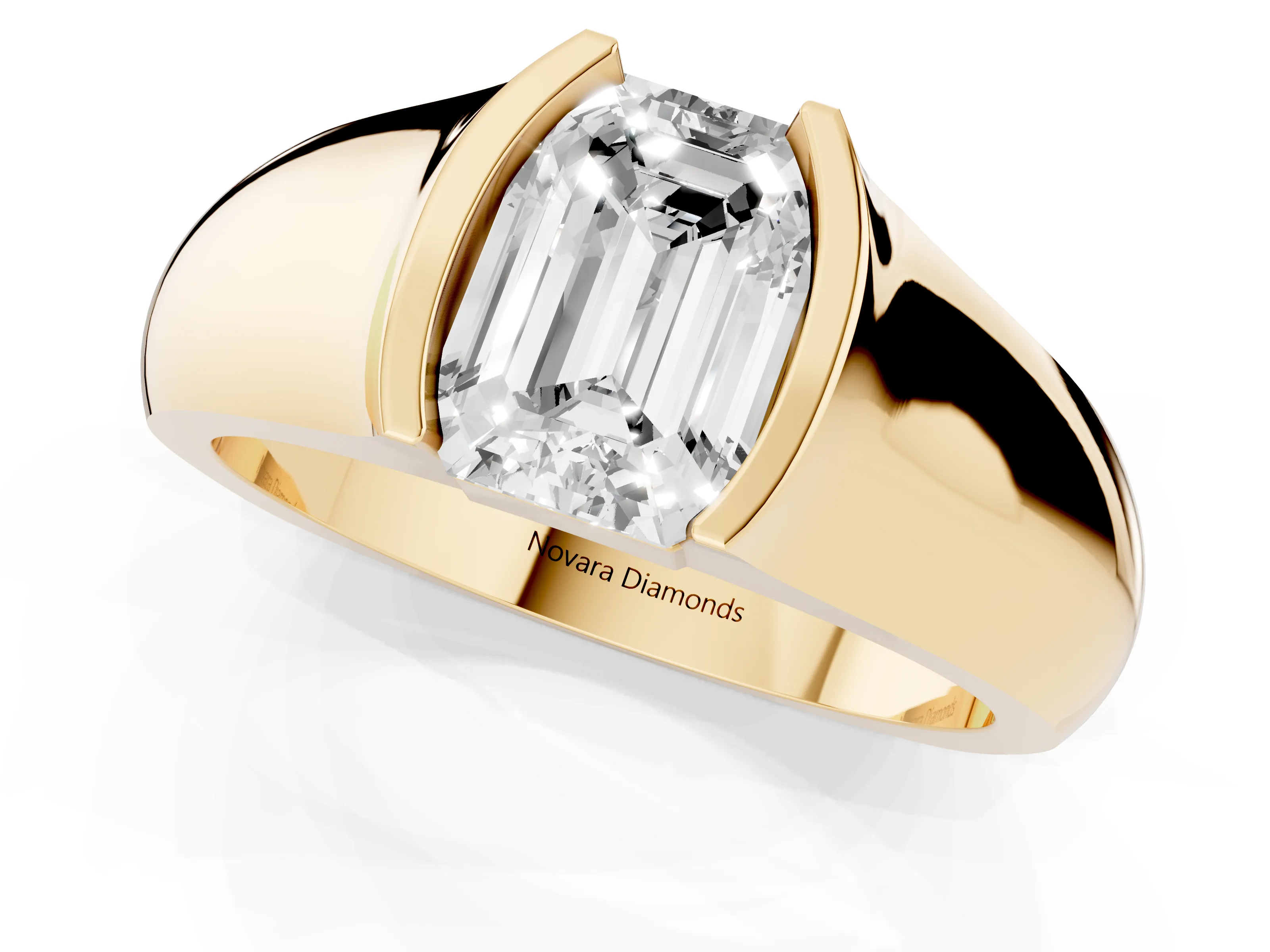 Emerald Cut Diamond Bezel Solitaire Ring Set in Yellow gold with Wide Band