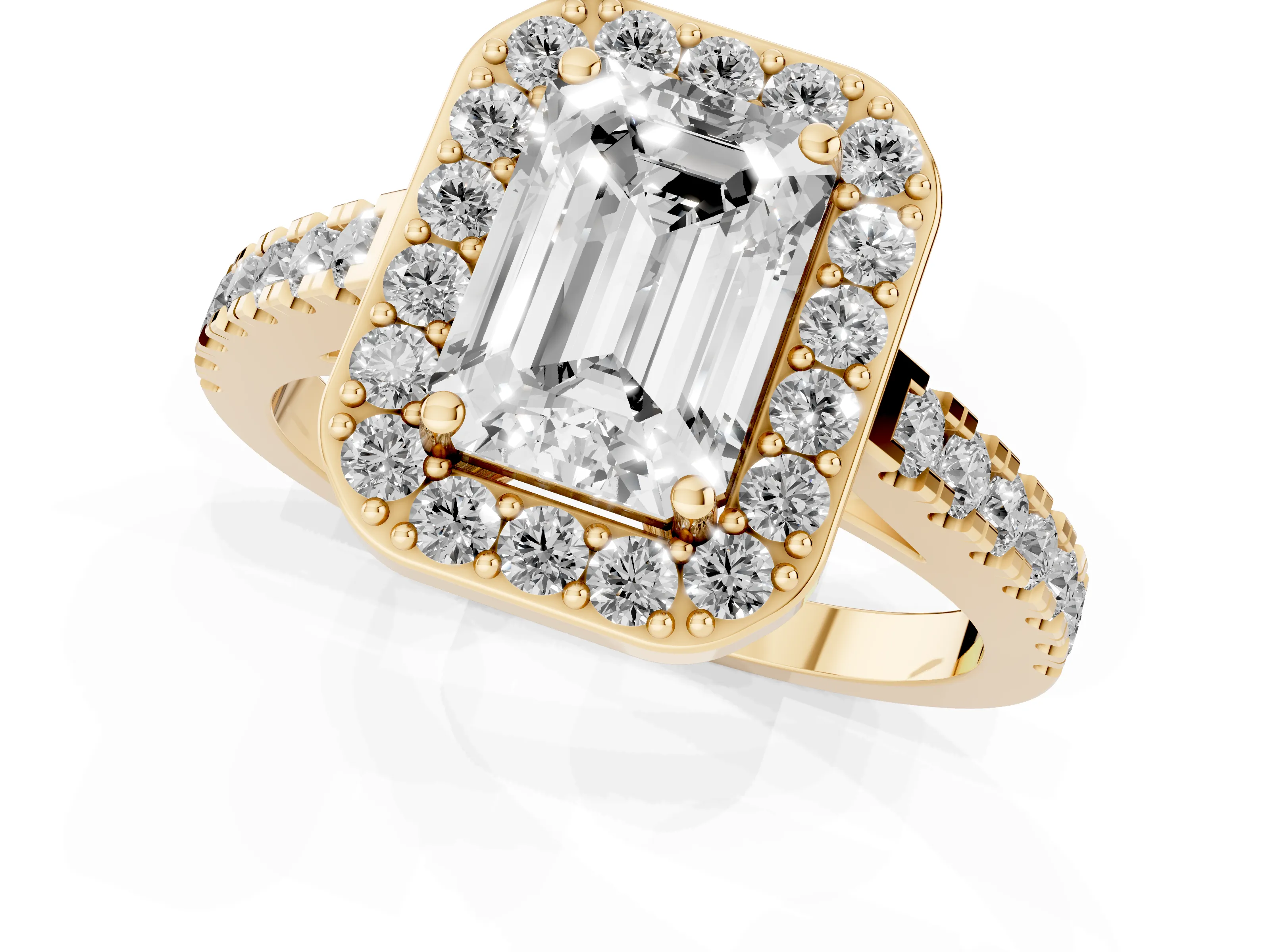 Emerald Cut Diamond Halo Ring Set in Yellow gold with Round Pavé Split Shank and Prong Setting