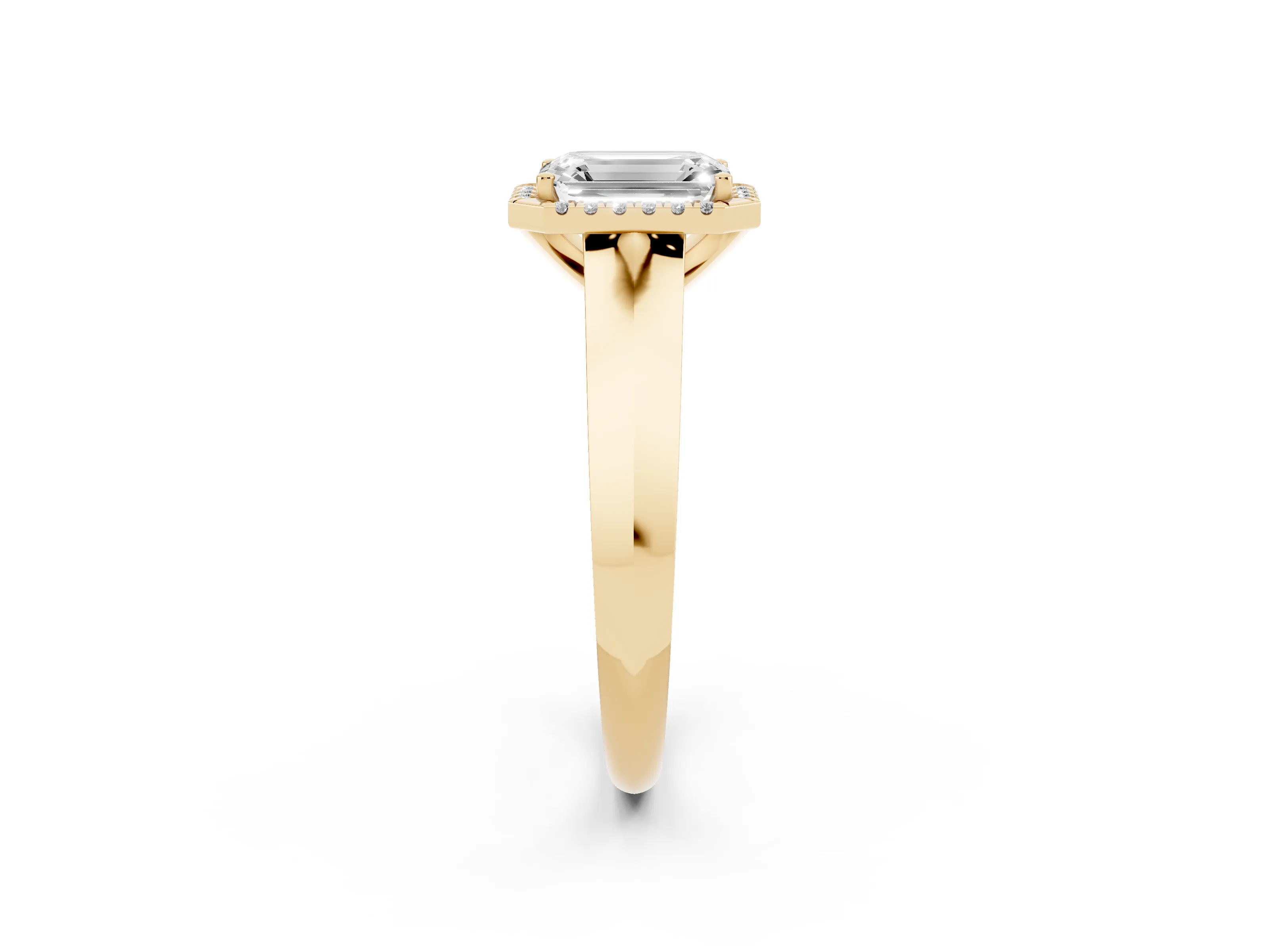 Emerald Cut Diamond Halo Ring Set in Yellow gold with Cathedral Band and Prong Setting