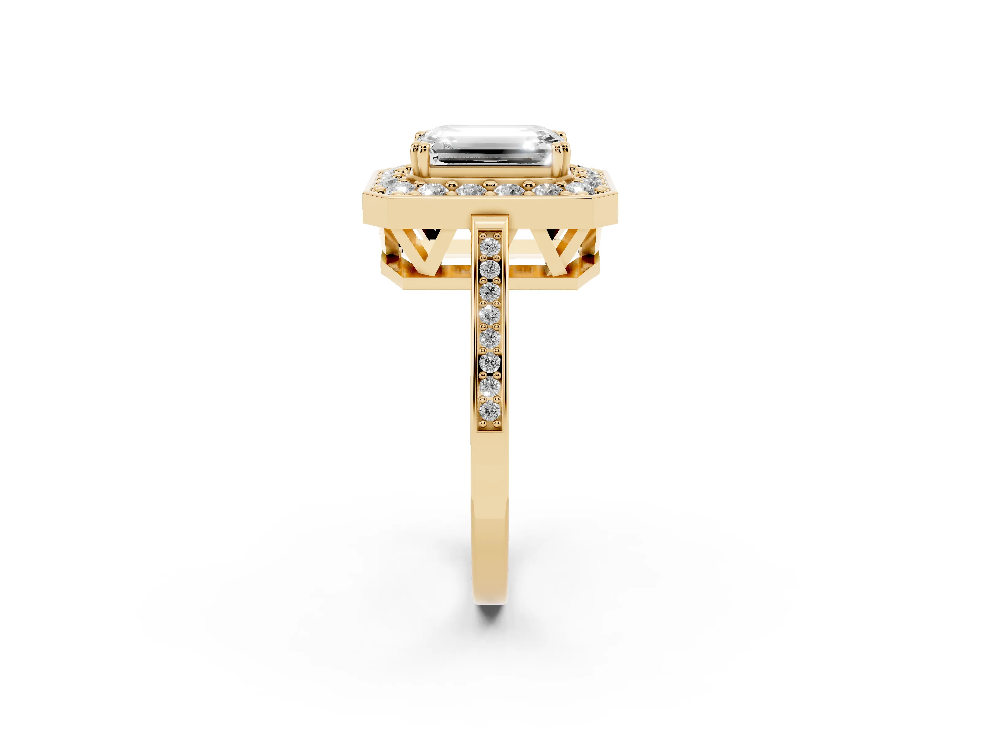 Emerald Cut Diamond Halo Ring Set in Yellow gold with Accent-Lined Split Shank and Prong Setting