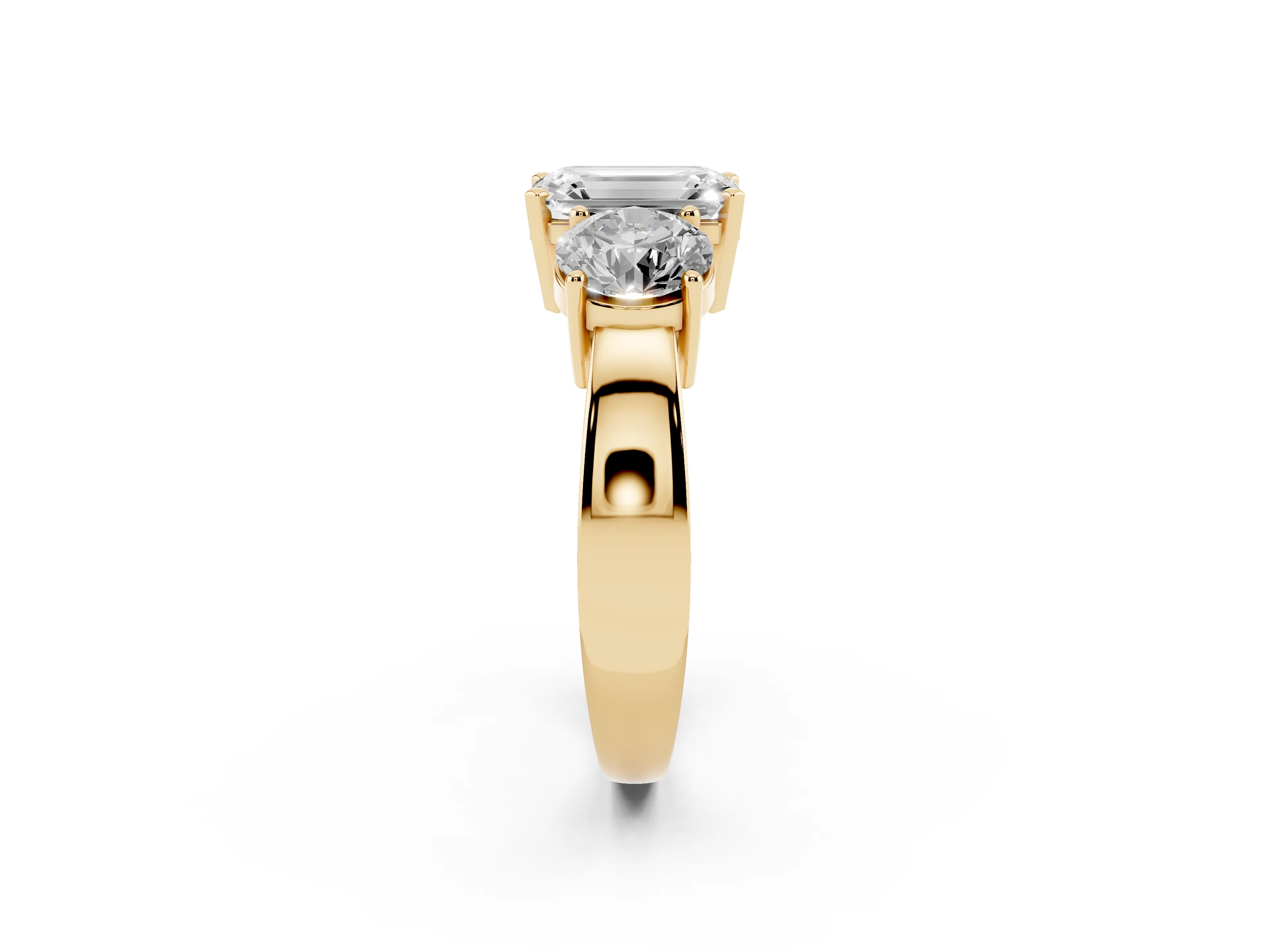 Emerald Cut Diamond Three-Stone Ring Set in Yellow gold with Round Side Stones and Classic Band