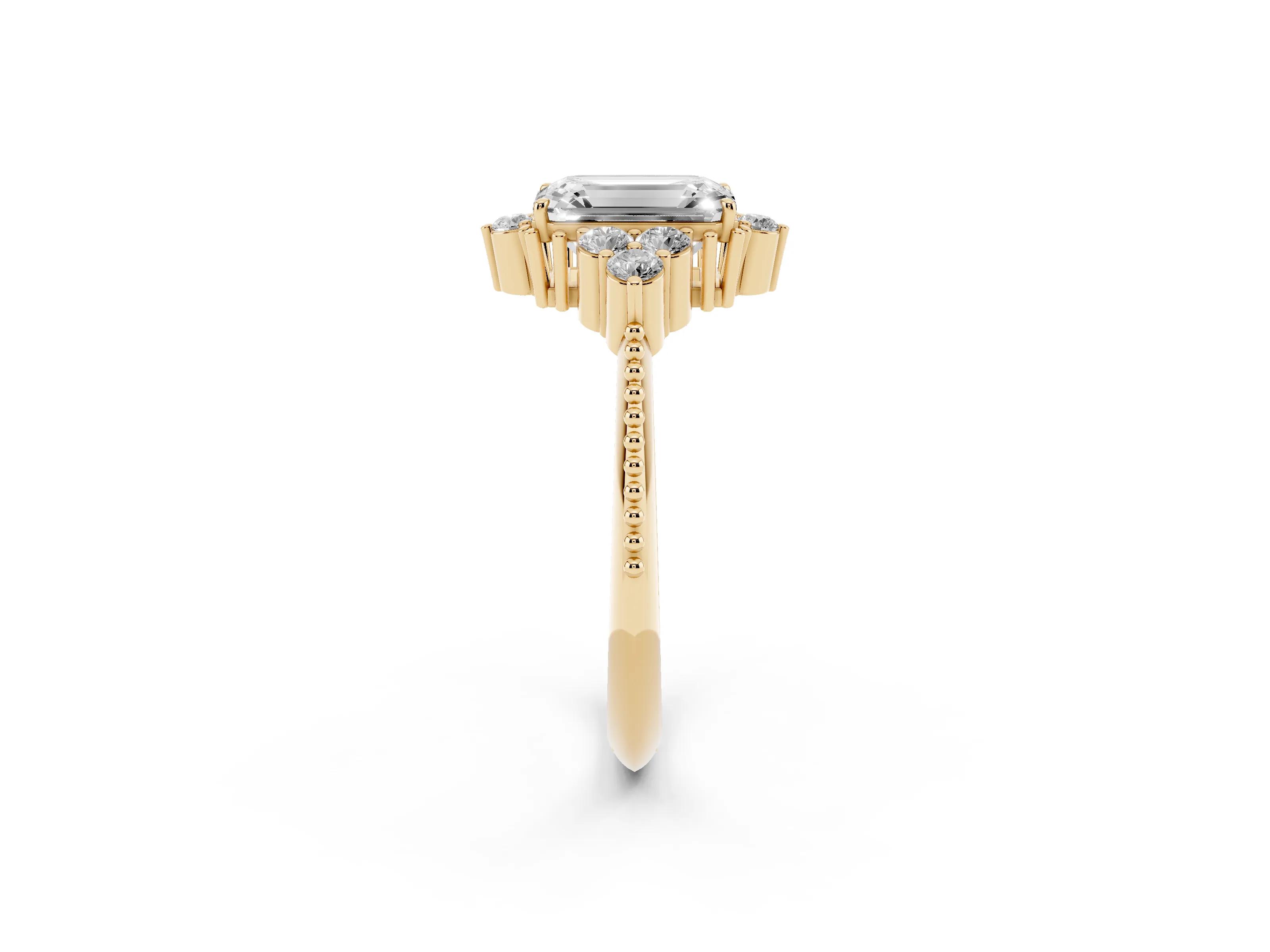 Emerald Cut Diamond Cluster Ring Set in Yellow gold with Beaded Band