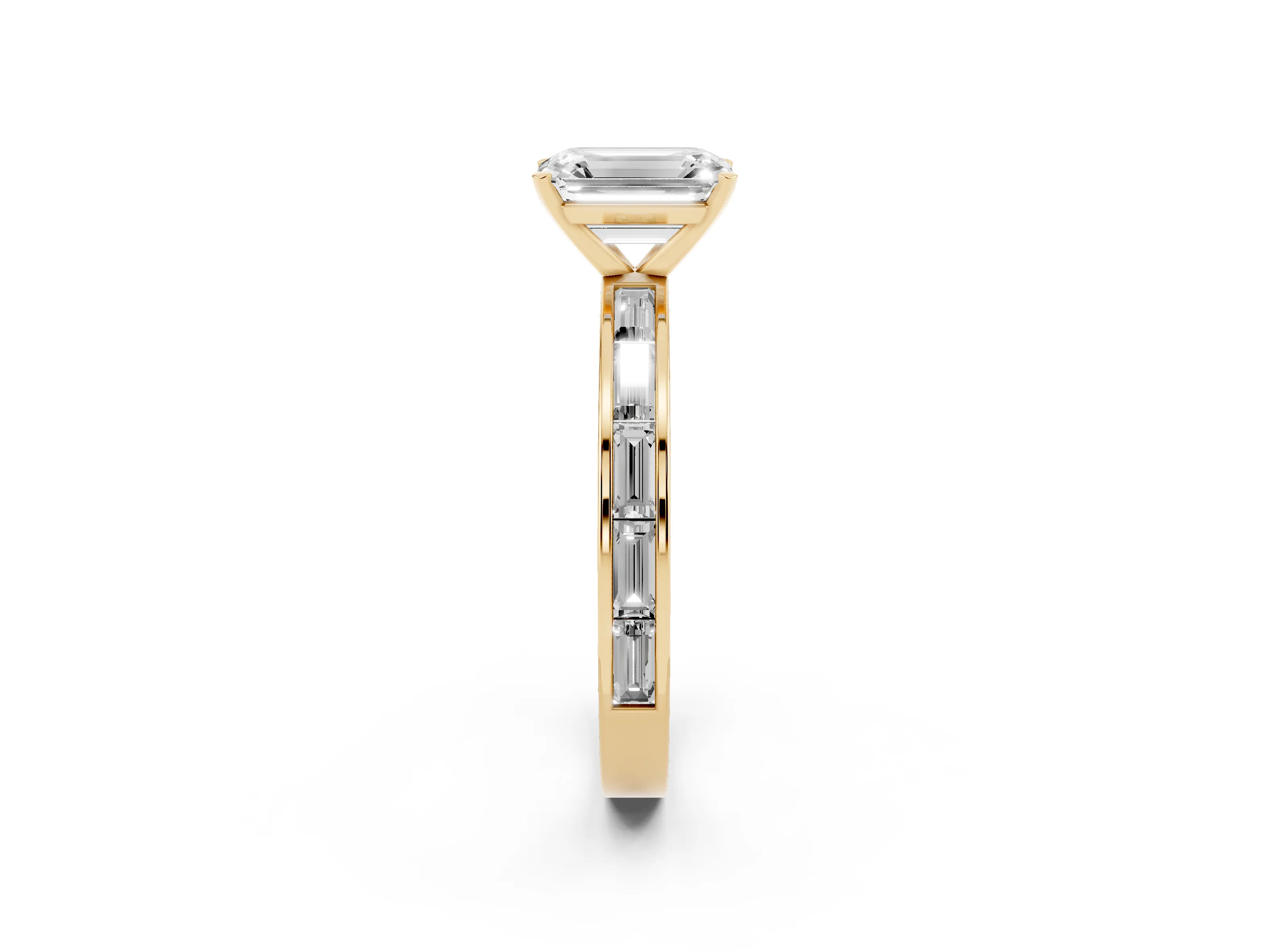 Emerald Cut Diamond Solitaire Ring Set in Yellow gold with Channel-Set Baguette Band and Prong Setting