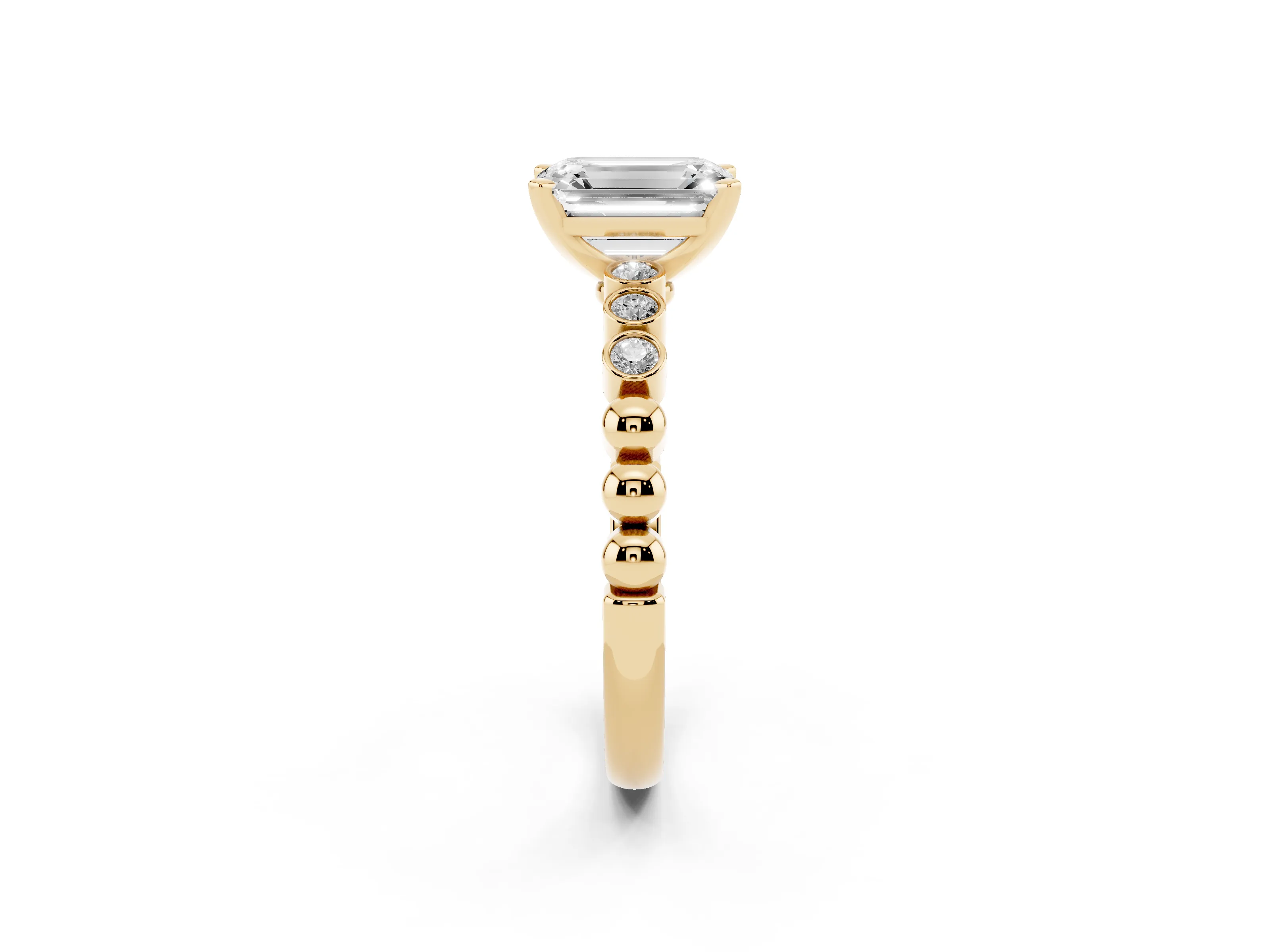 Emerald Cut Diamond Solitaire Engagement Ring Set in Yellow gold with Bezel Accents on Beaded Band