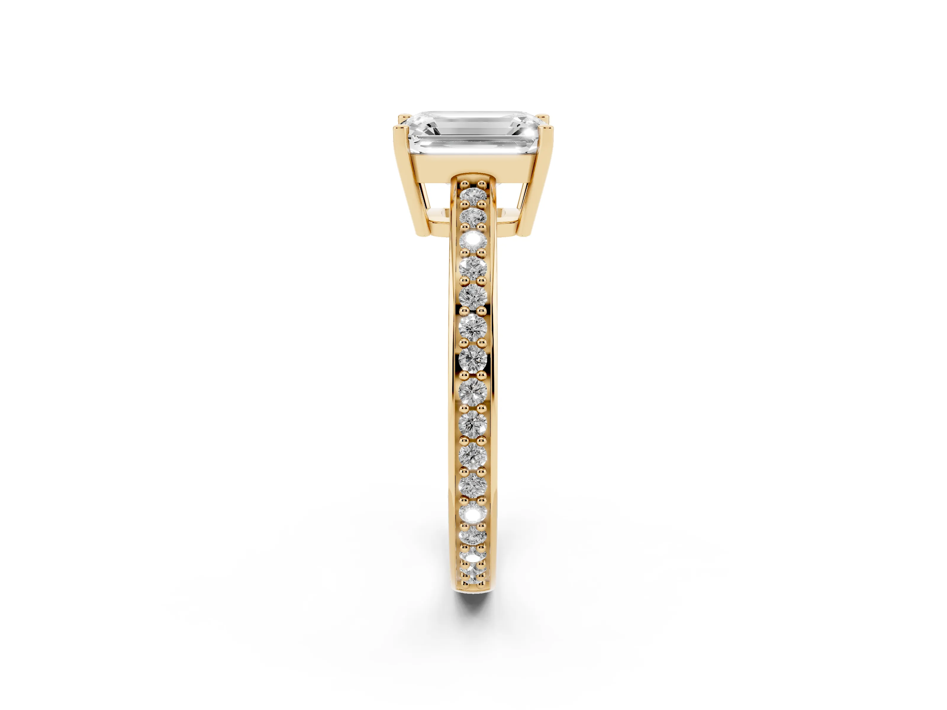 Emerald Cut Diamond Pavé Band Prong Set Solitaire Ring Set in Yellow gold