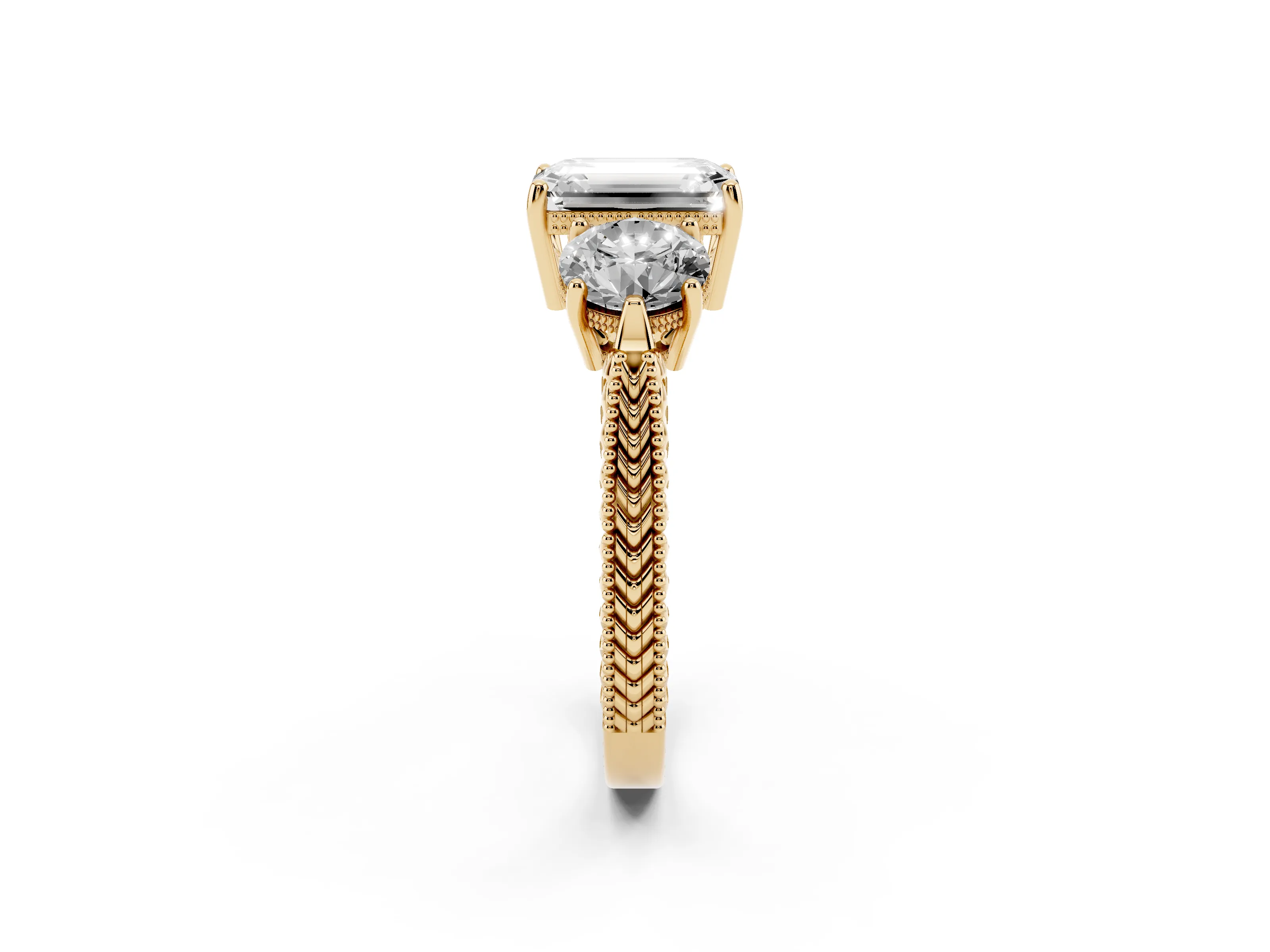 Emerald Cut Diamond Three-Stone Ring Set in Yellow gold with Milgrain Band