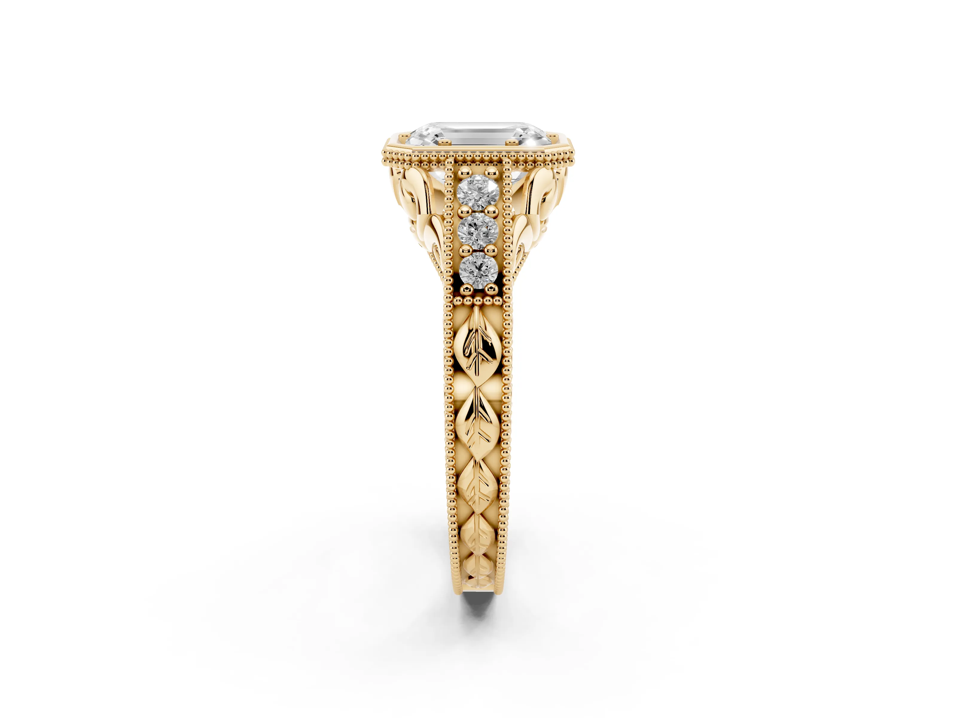 Bezel Set Emerald Cut Diamond Milgrain Pavé Engagement Ring Set in Yellow gold