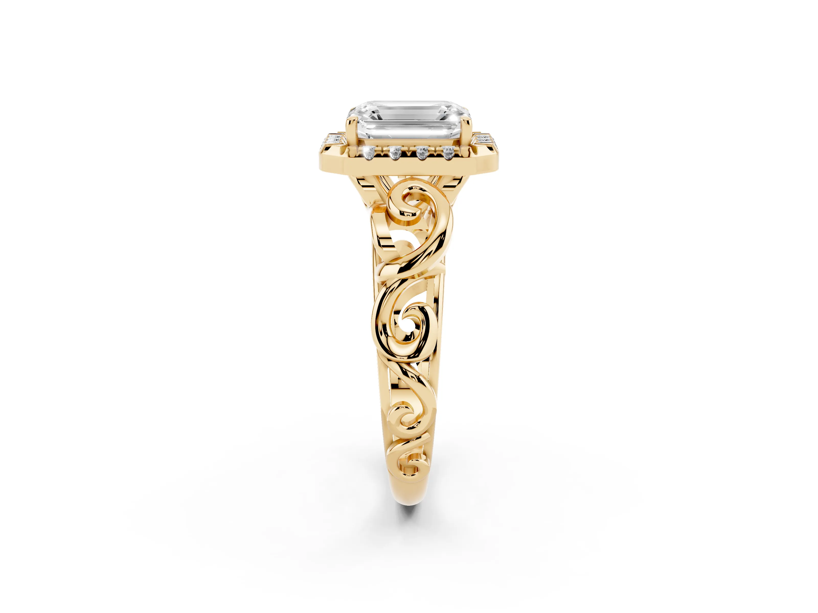Emerald Cut Diamond Halo Ring Set in Yellow gold with Scrollwork Band and Prong Setting