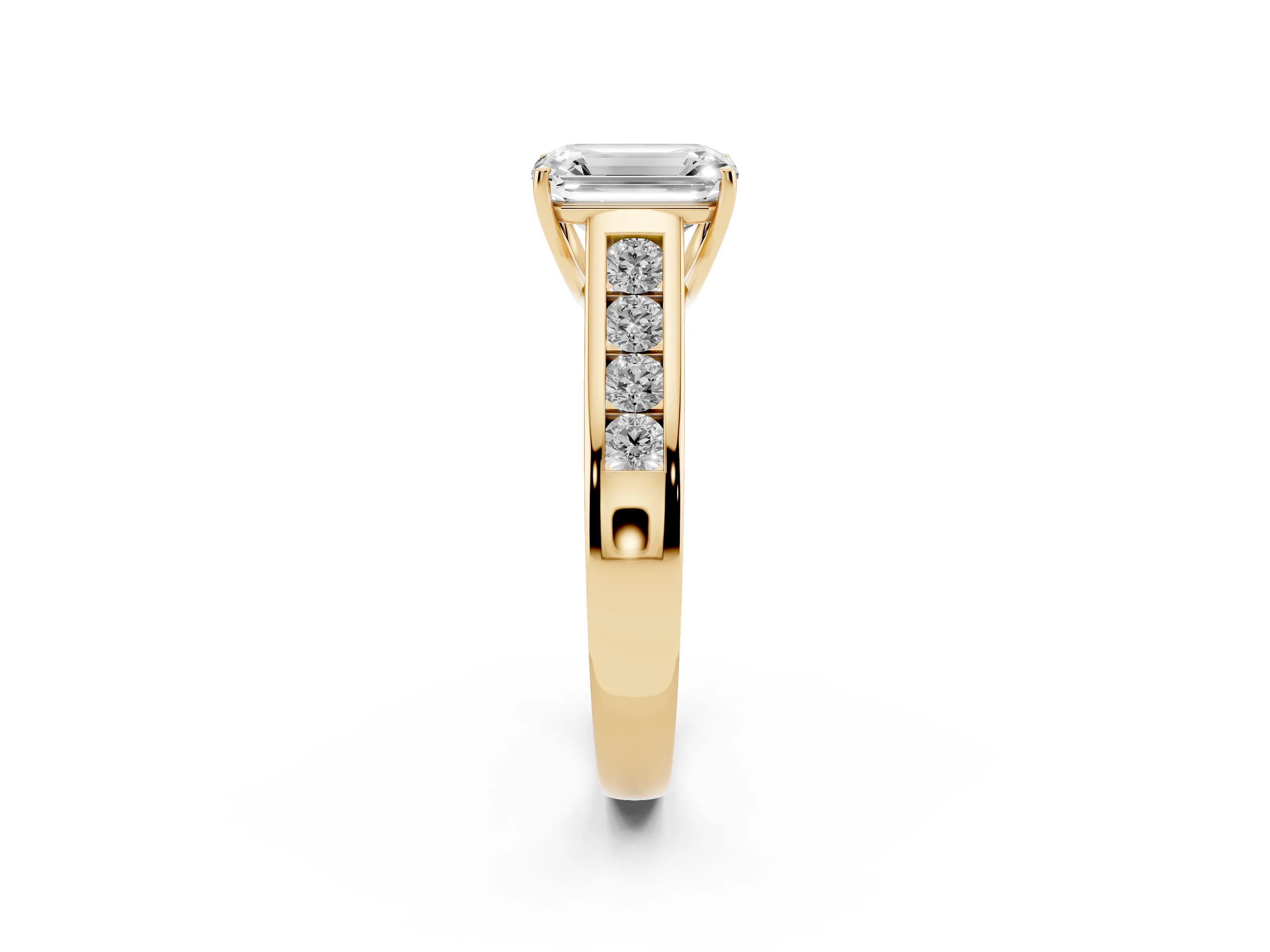Emerald Cut Diamond Solitaire Channel-Set Engagement Ring Set in Yellow gold with Prong Setting