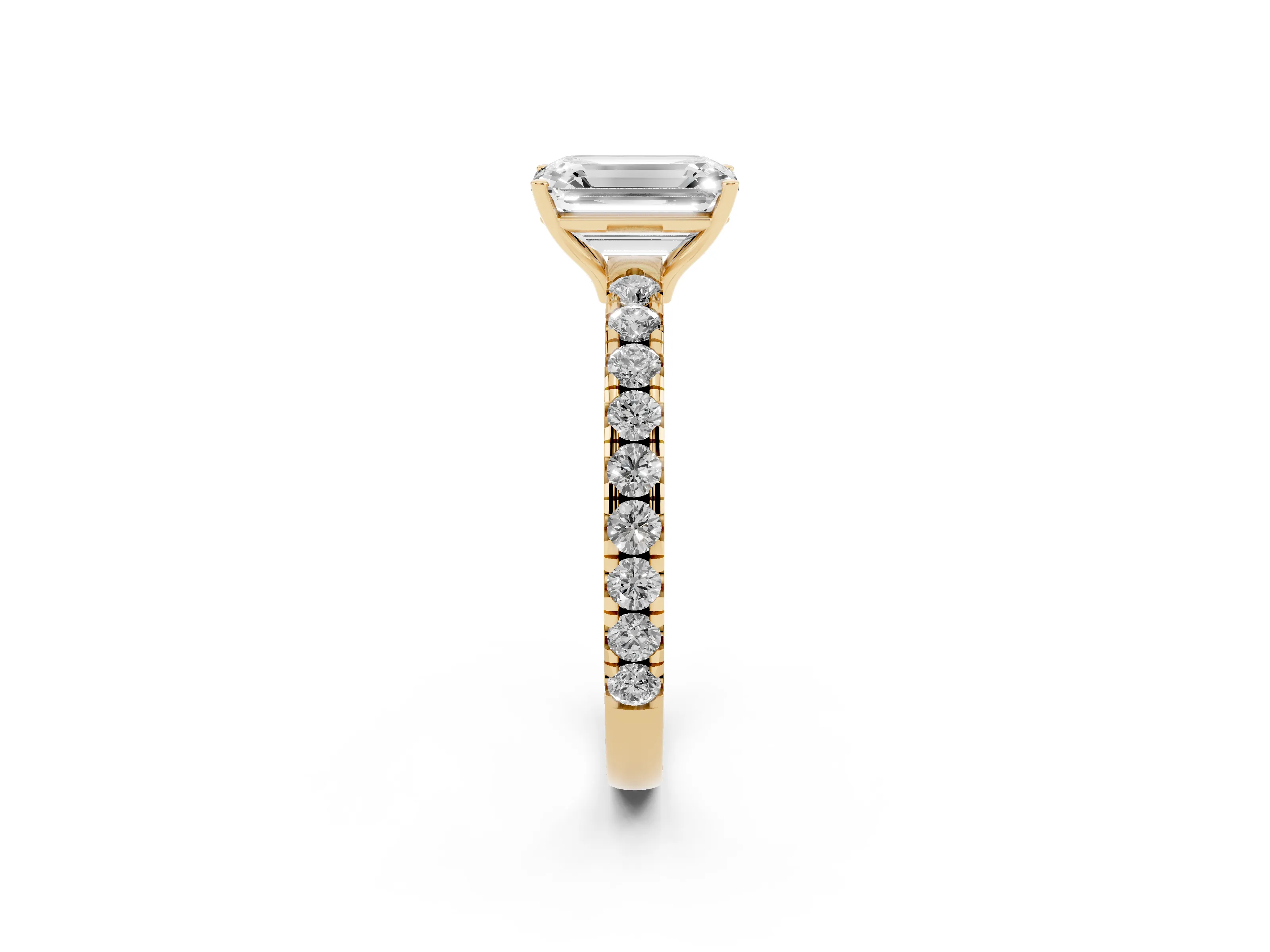Emerald Cut Diamond Pavé Solitaire Engagement Ring Set in Yellow gold with Prong Setting