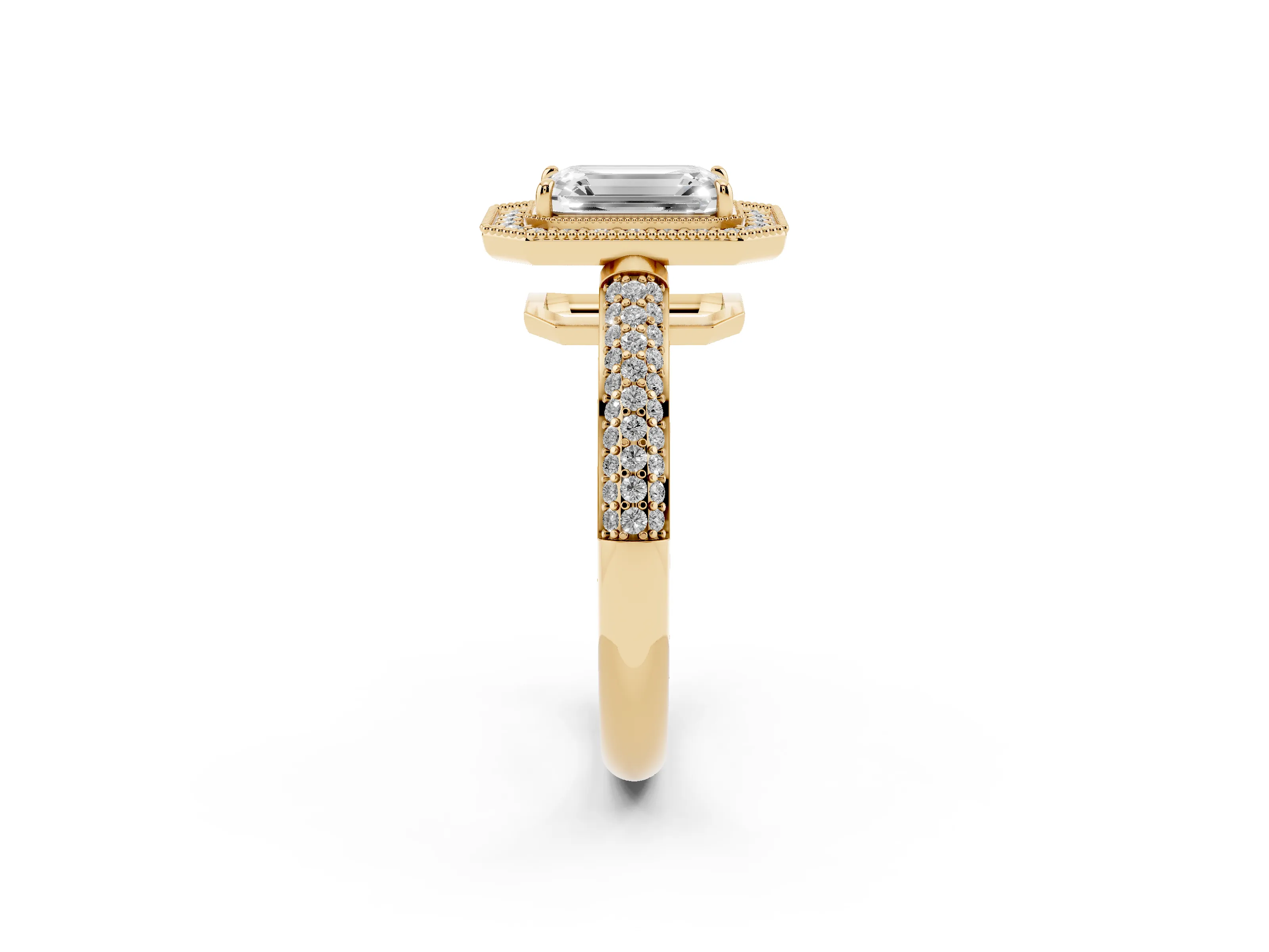 Emerald Cut Diamond Halo Pavé Band Set in Yellow gold with Prong Setting