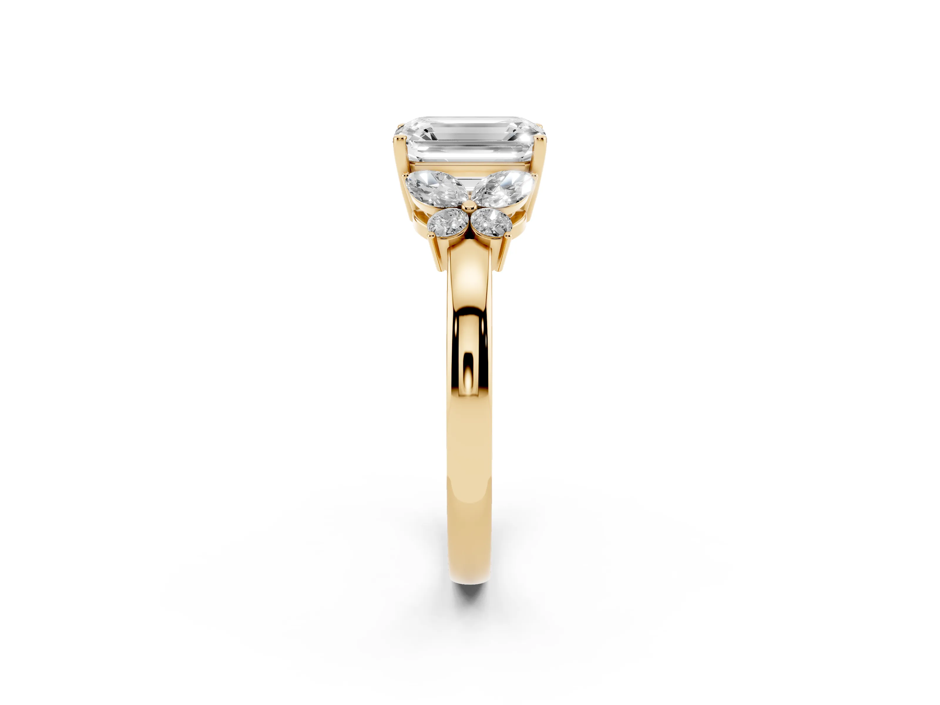 Emerald Cut Diamond Solitaire Floral Ring Set in Yellow gold with Marquise Petals and Prong Setting