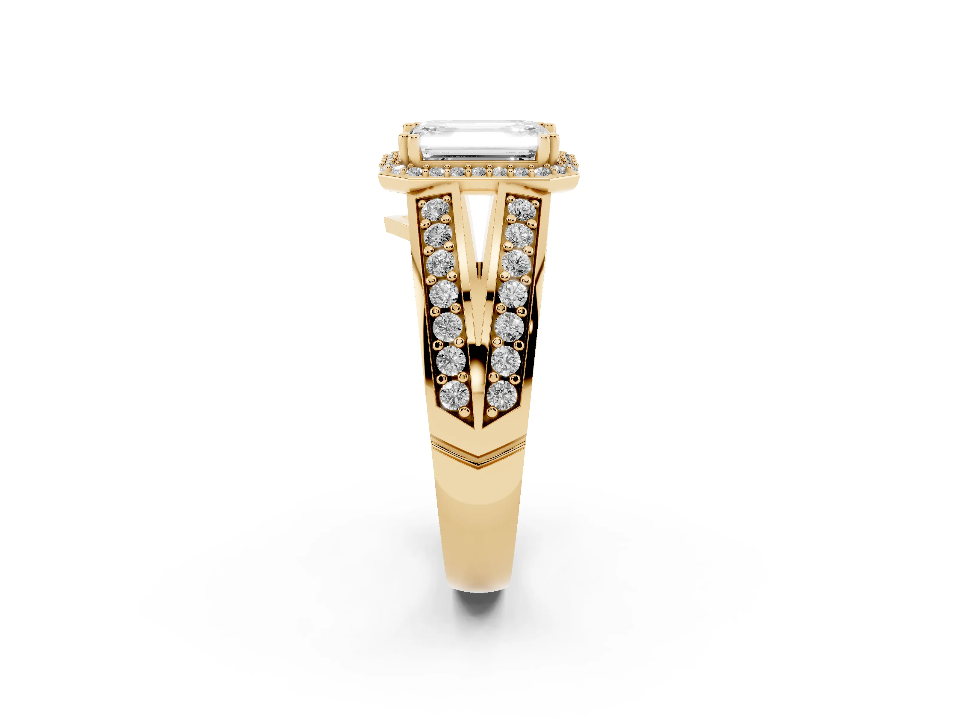 Emerald Cut Diamond Halo Ring Set in Yellow gold with Double Pavé Split Shank