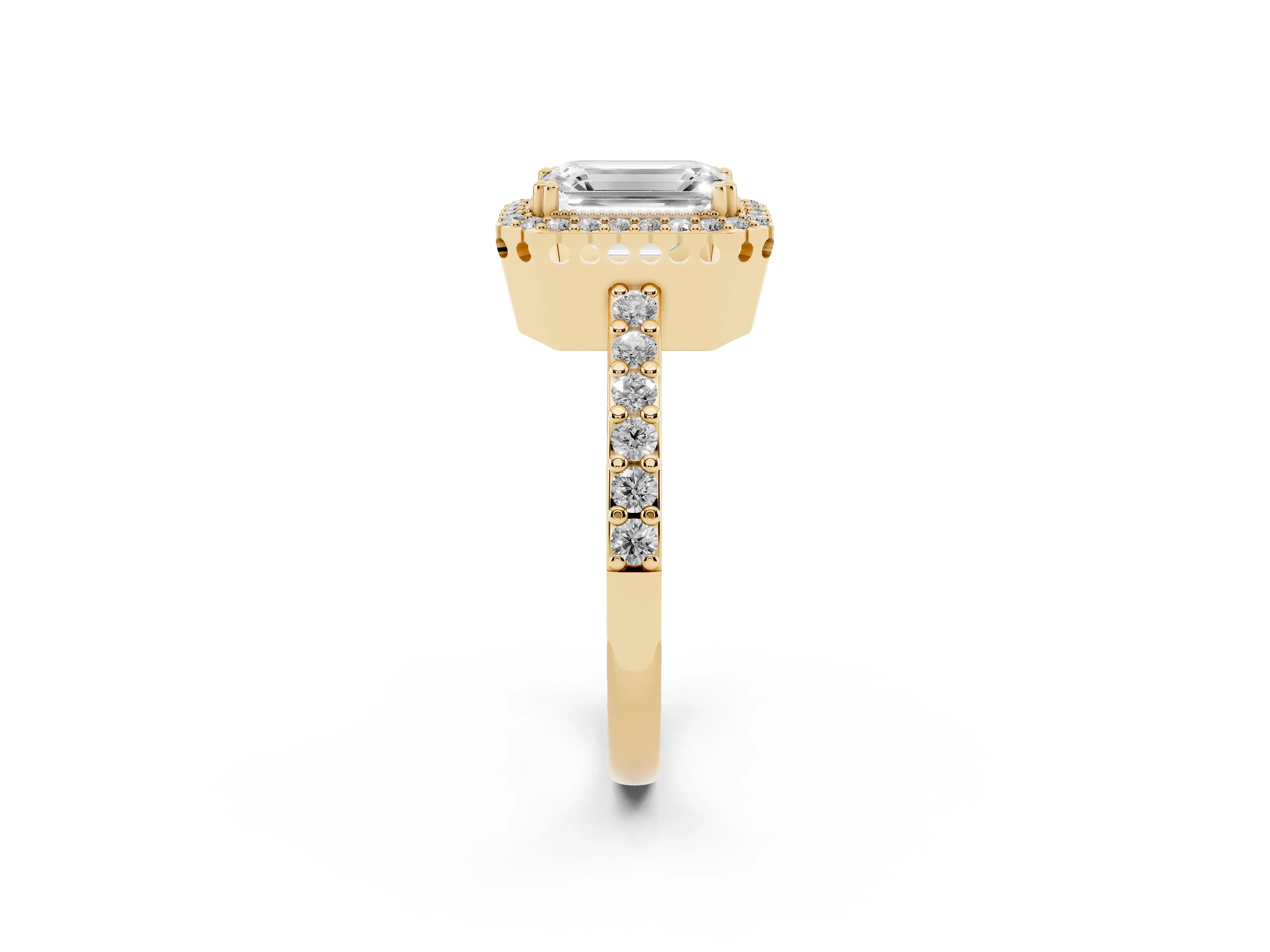 Emerald Cut Diamond Halo Engagement Ring Set in Yellow gold with Milgrain Detail and Pavé Band