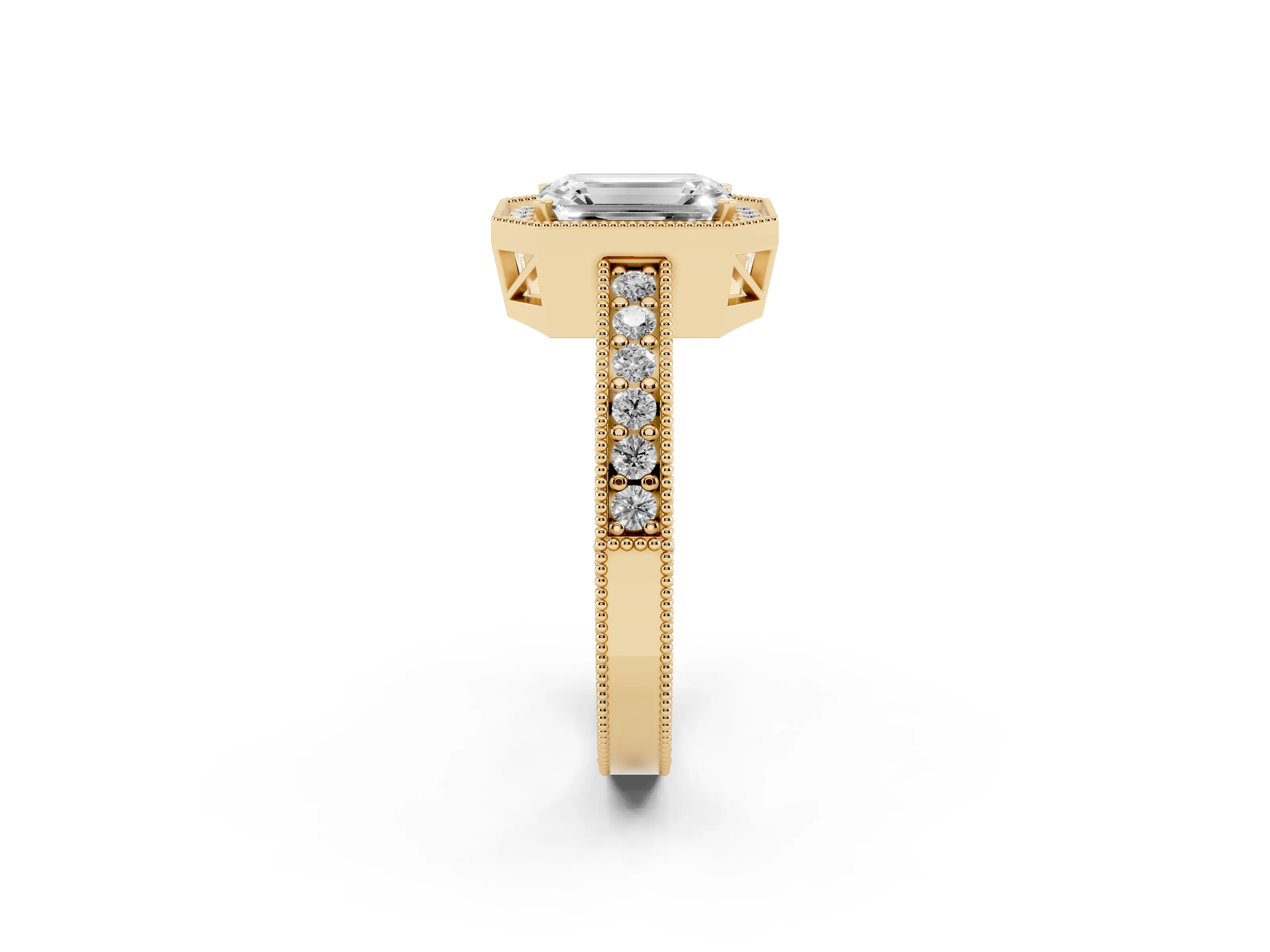 Emerald Cut Diamond Halo Pavé Band Ring Set in Yellow gold with Prong-Set Center
