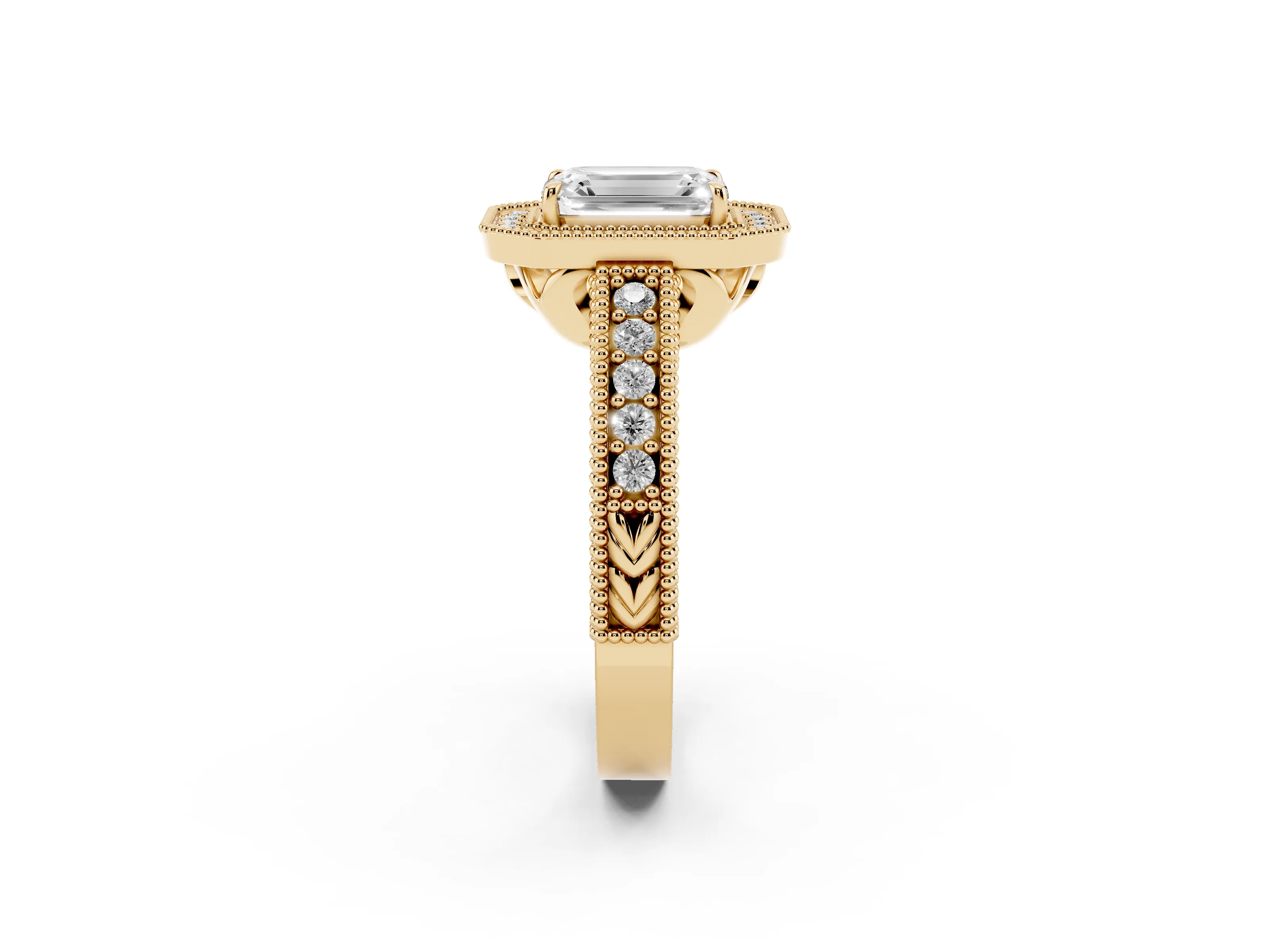 Emerald Cut Diamond Halo Ring Set in Yellow gold with Round Accent Halo, Pavé Band and Prong Setting