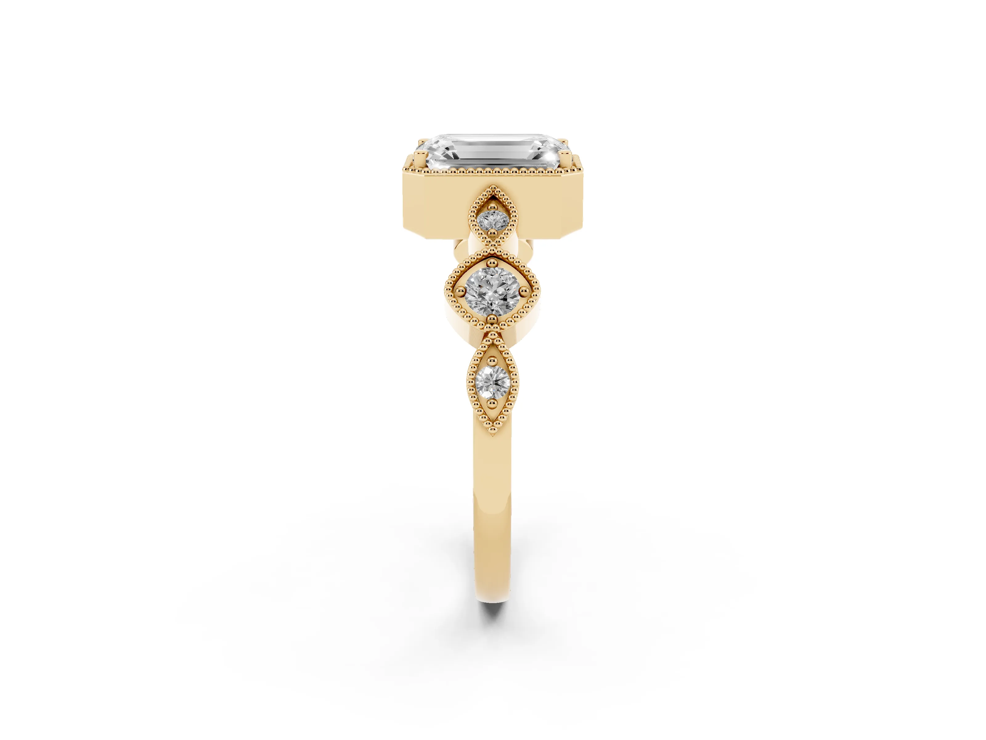 Emerald Cut Diamond Vintage-Inspired Milgrain Ring Set in Yellow gold with Marquise Stations of Round Accents
