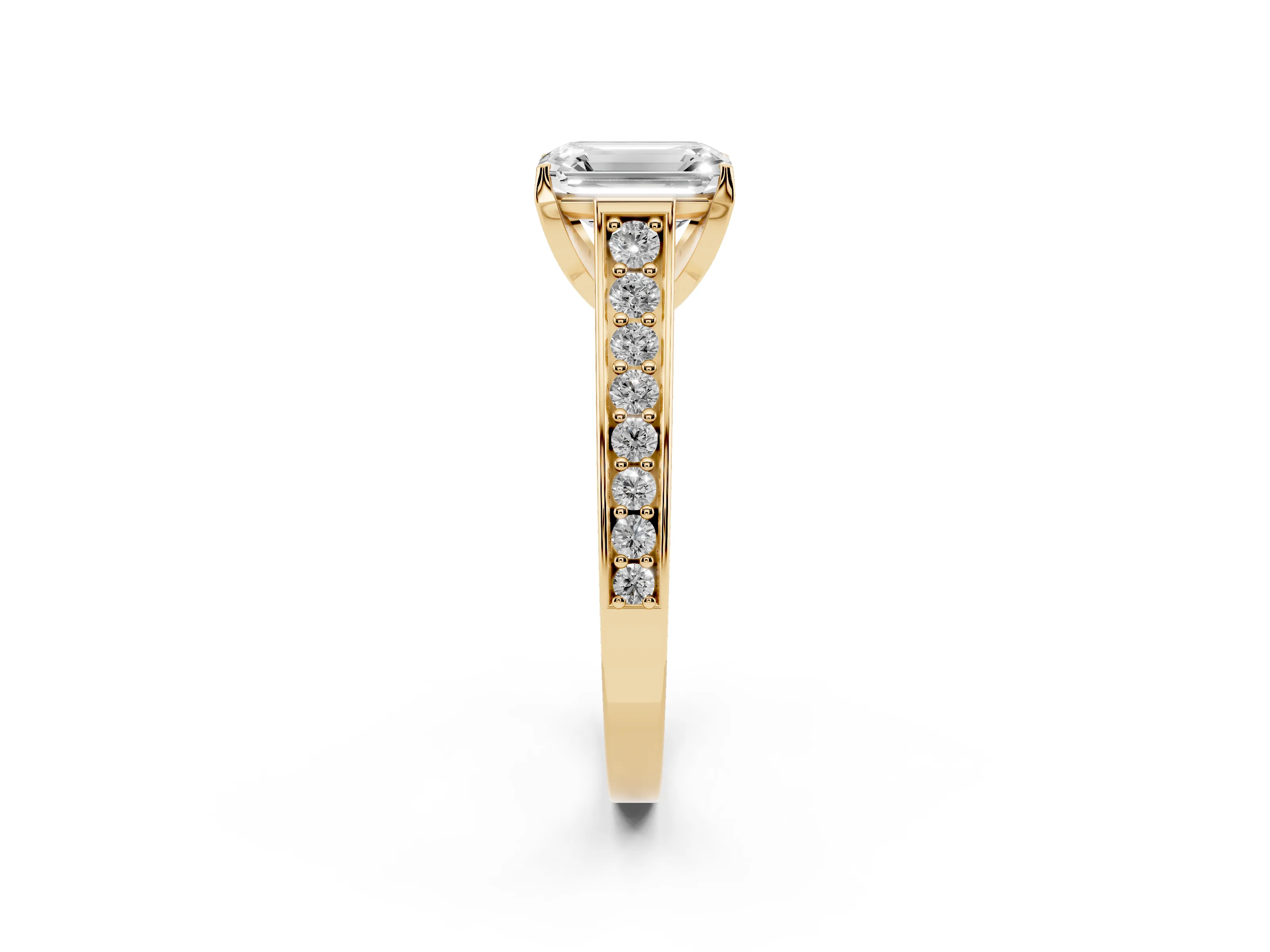 Emerald Cut Diamond Solitaire Pavé Engagement Ring Set in Yellow gold with Prong Setting