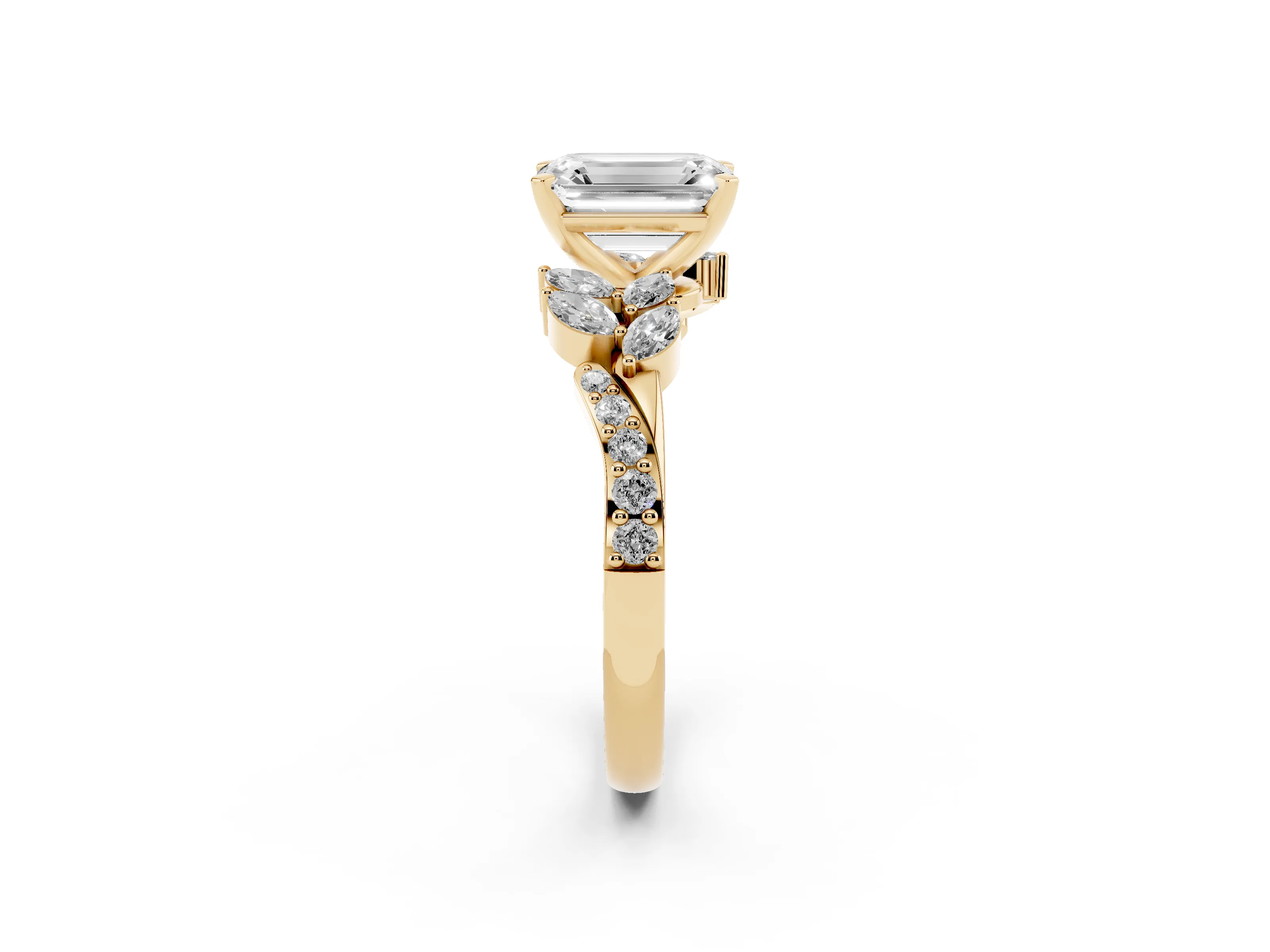 Emerald Cut Diamond Solitaire Ring Set in Yellow gold with Marquise Twist Band and Prong Setting