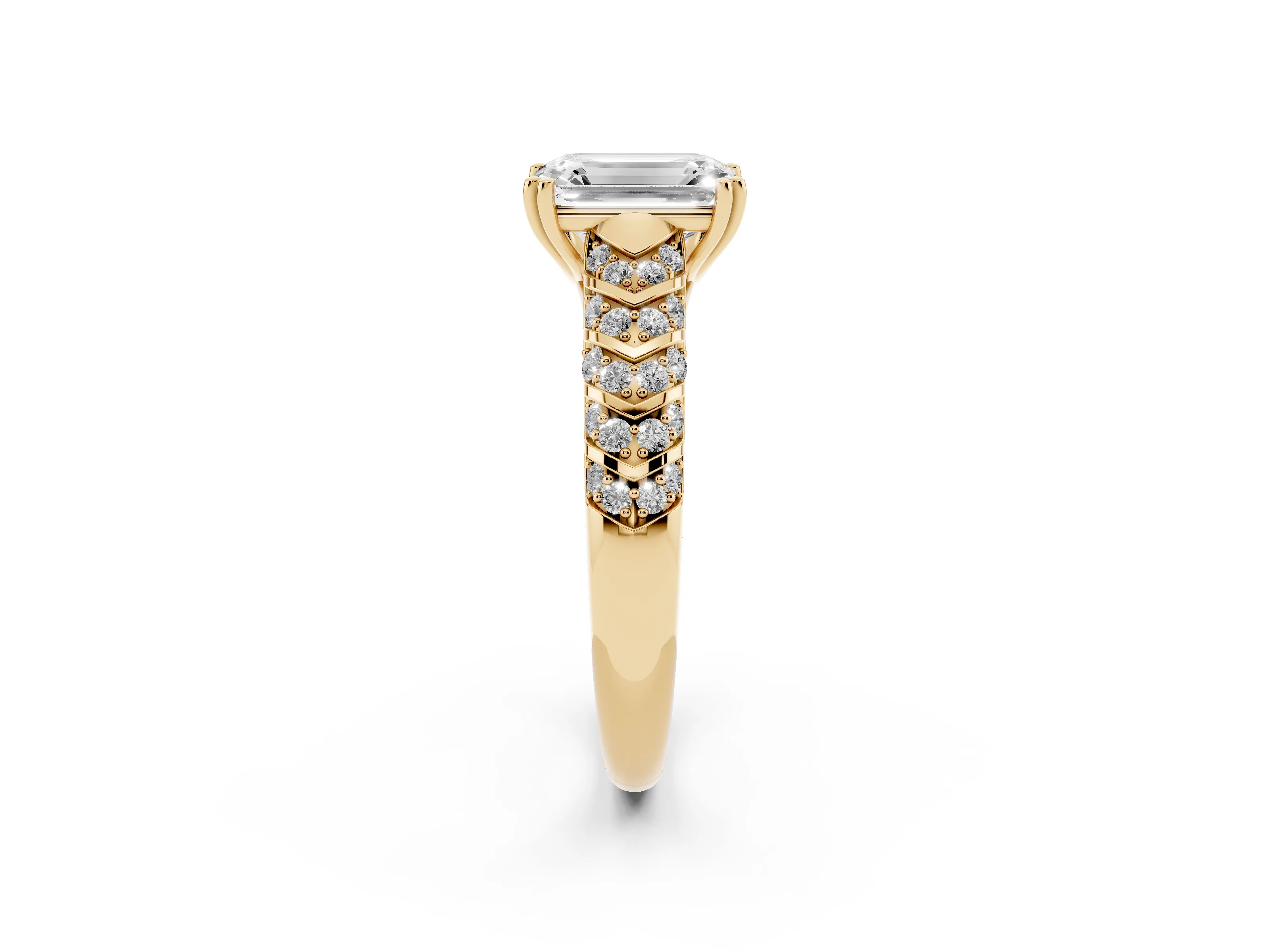 Emerald Cut Diamond Solitaire Chevron Pavé Engagement Ring Set in Yellow gold with Prong Setting