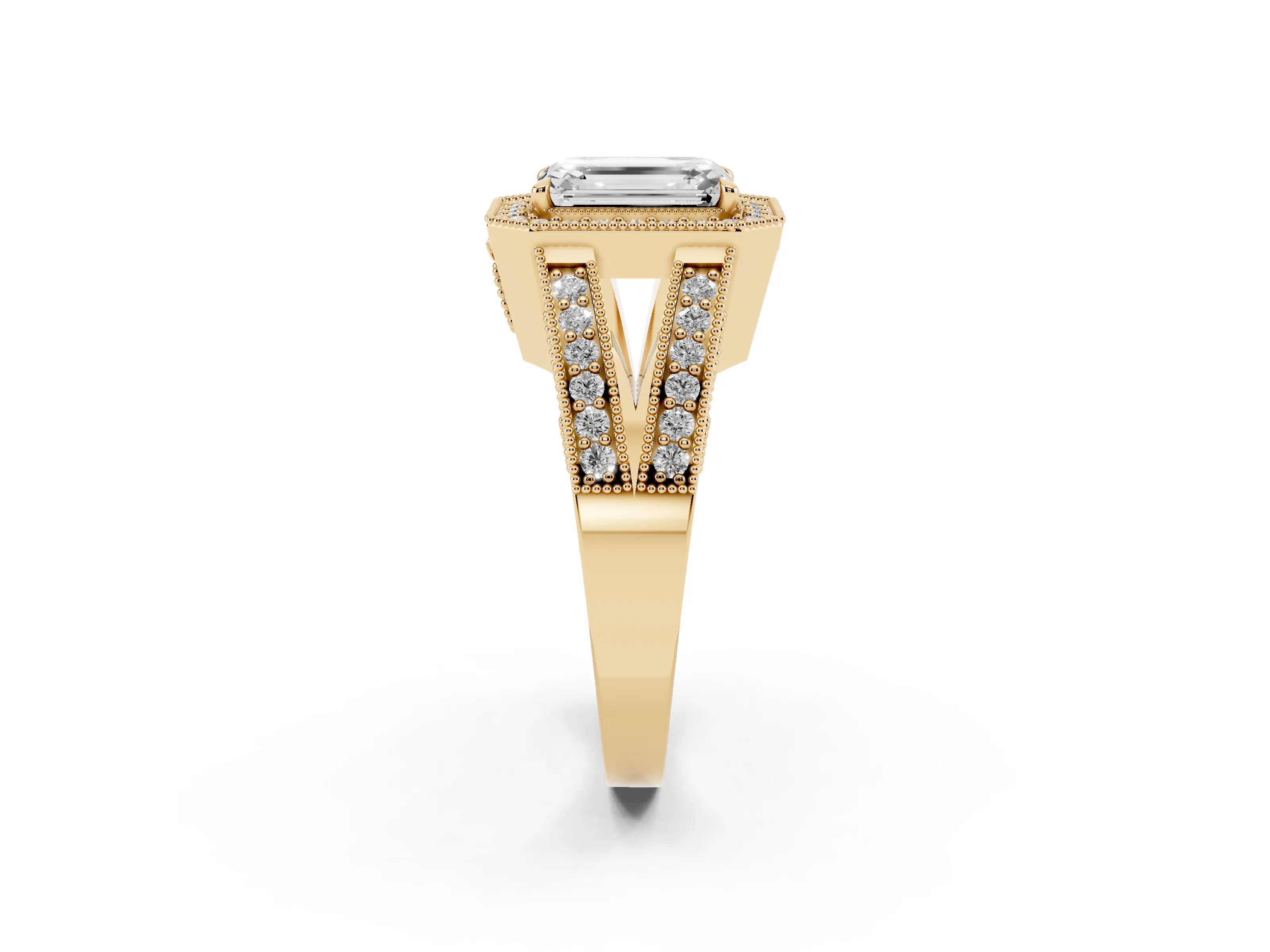 Emerald Cut Diamond Halo Ring Set in Yellow gold with Stone-Set Split Shank and Milgrain Edges