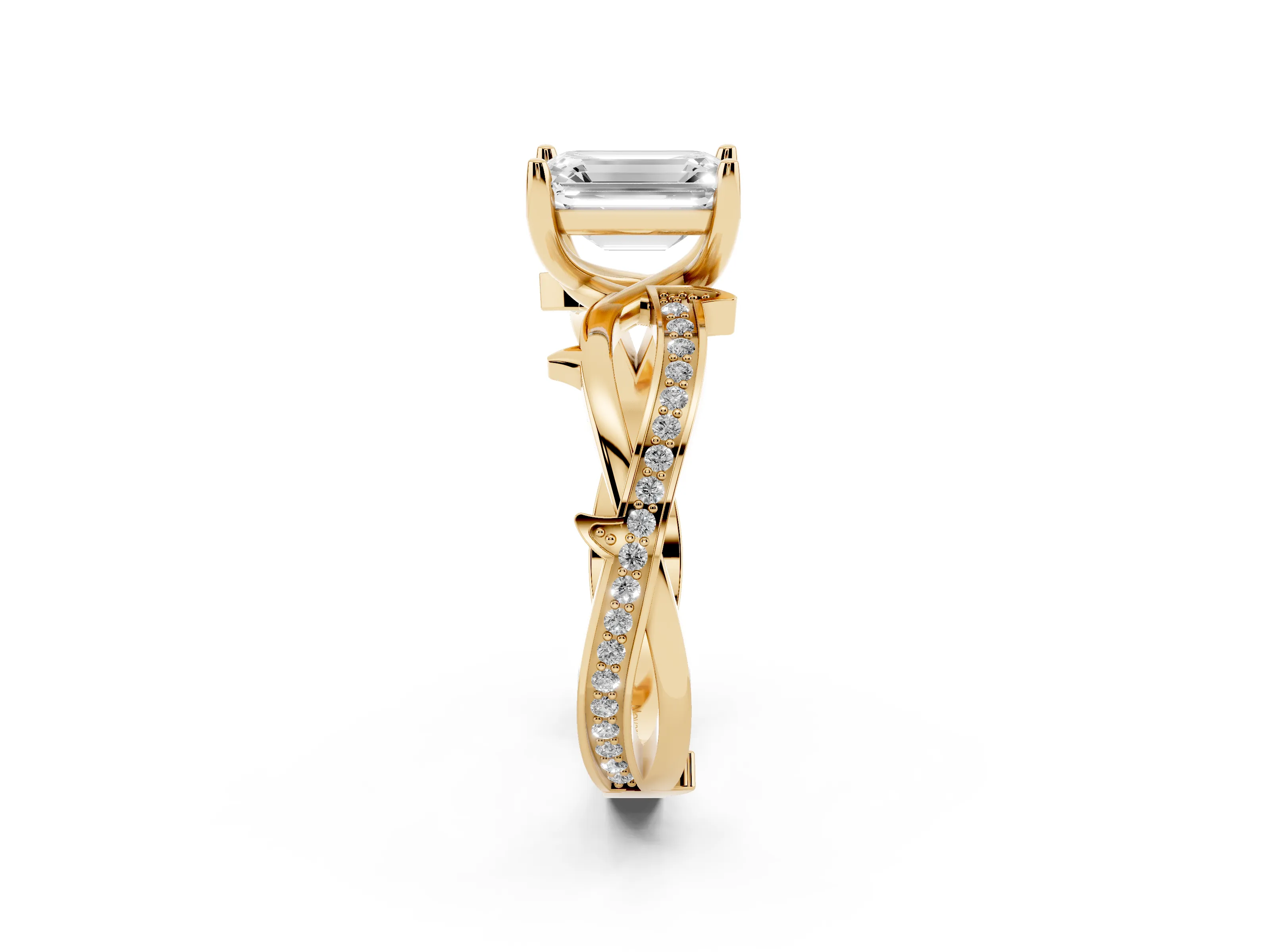 Emerald Cut Diamond Pavé Twist Band Solitaire Ring Set in Yellow gold with Prong Setting